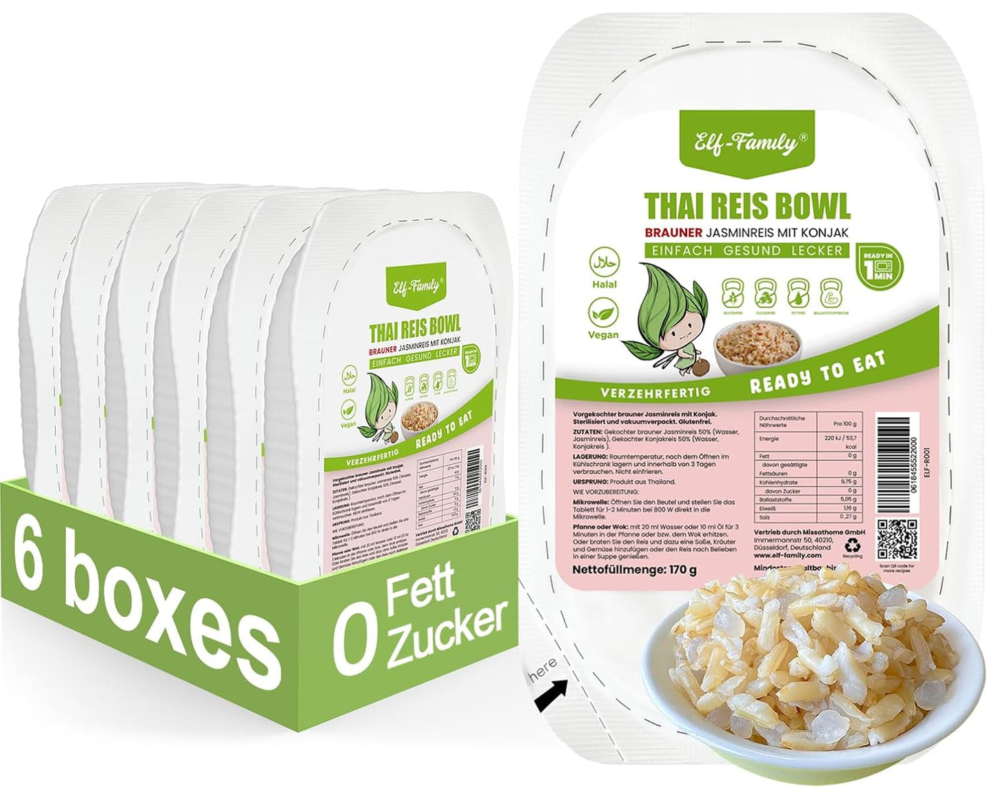 Elf-Family Konjak Reis Thai Brauner Shirataki Bowl -[Diätbox voor 1 Wo.] - Instant Jasmin Reis - Fertiggerichte voor Mikrowelle - Natürlich Superfoods Mikronährstoffe - Vegan/Low Carb/Fettfrei- 6er Box