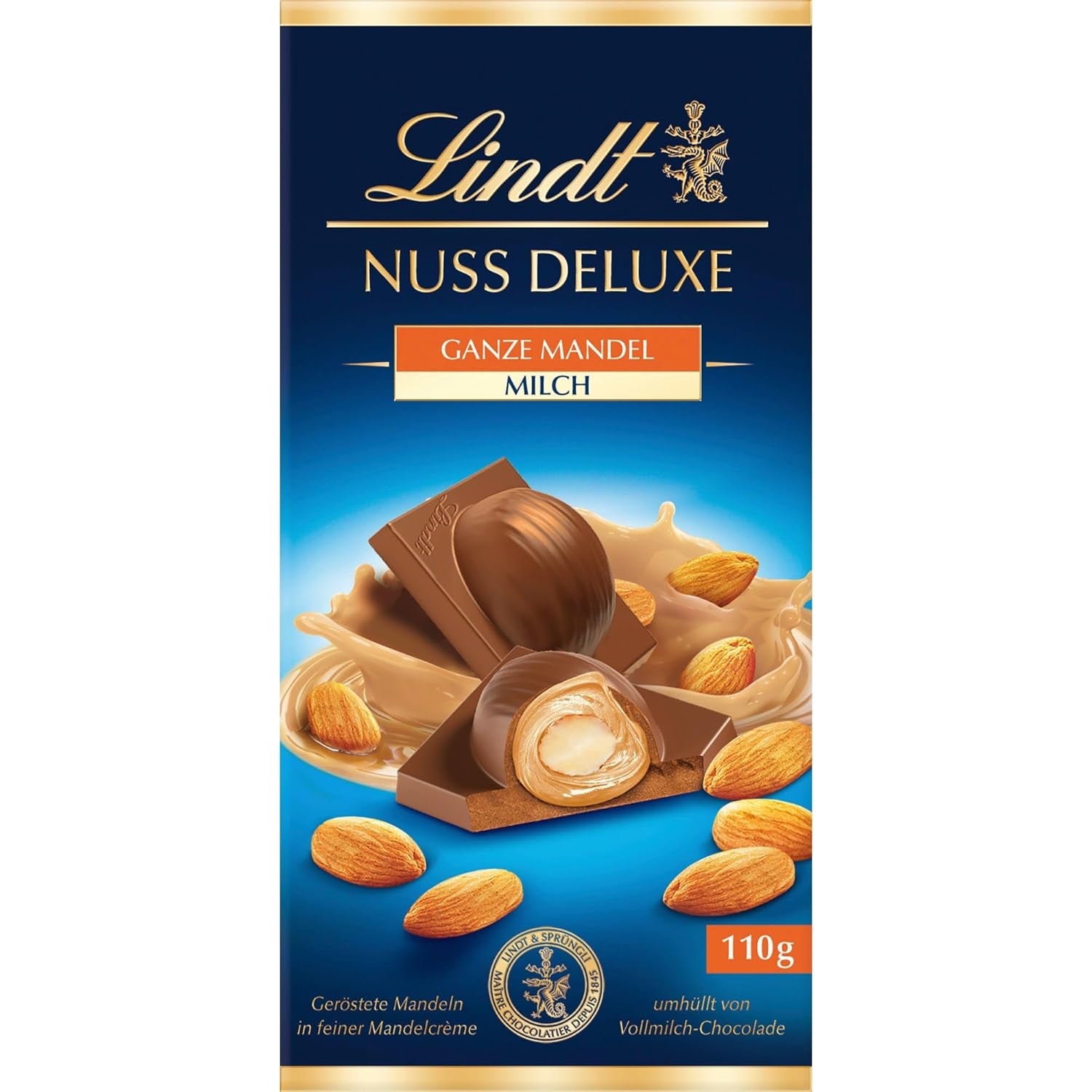 Lindt-chocolade | NUT DELUXE Chocoladereep met melk en amandelen | 110g | Melkchocolade met geroosterde amandelen in een smeuïge amandelcrème | Chocoladereep