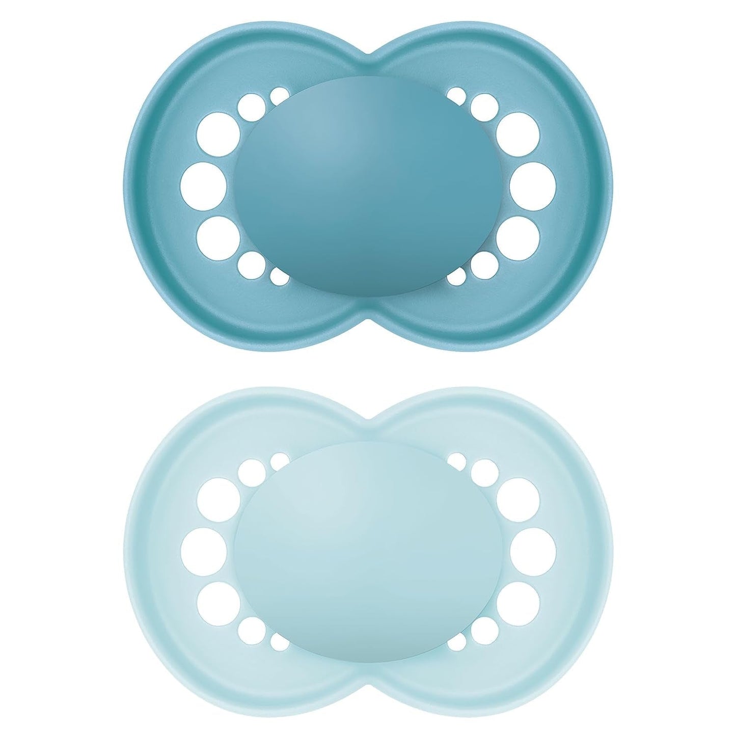 MAM Originele fopspenen, 2-pack, tandvriendelijke babyfopspenen, gemaakt van duurzame en biologisch regenereerbare materialen, MAM SkinSoft siliconen spenen, met fopspeendoos, 6-16 maanden, blauw/lichtblauw