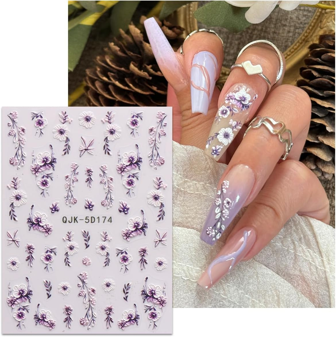 JMEOWIO 3D Nagelsticker Blumen Nail Art Sticker Selbstklebend Nagelaufkleber 5D Stereoskopisch Frühling Zomer Decoratie Nageldesign Zubehör 4 Blatt
