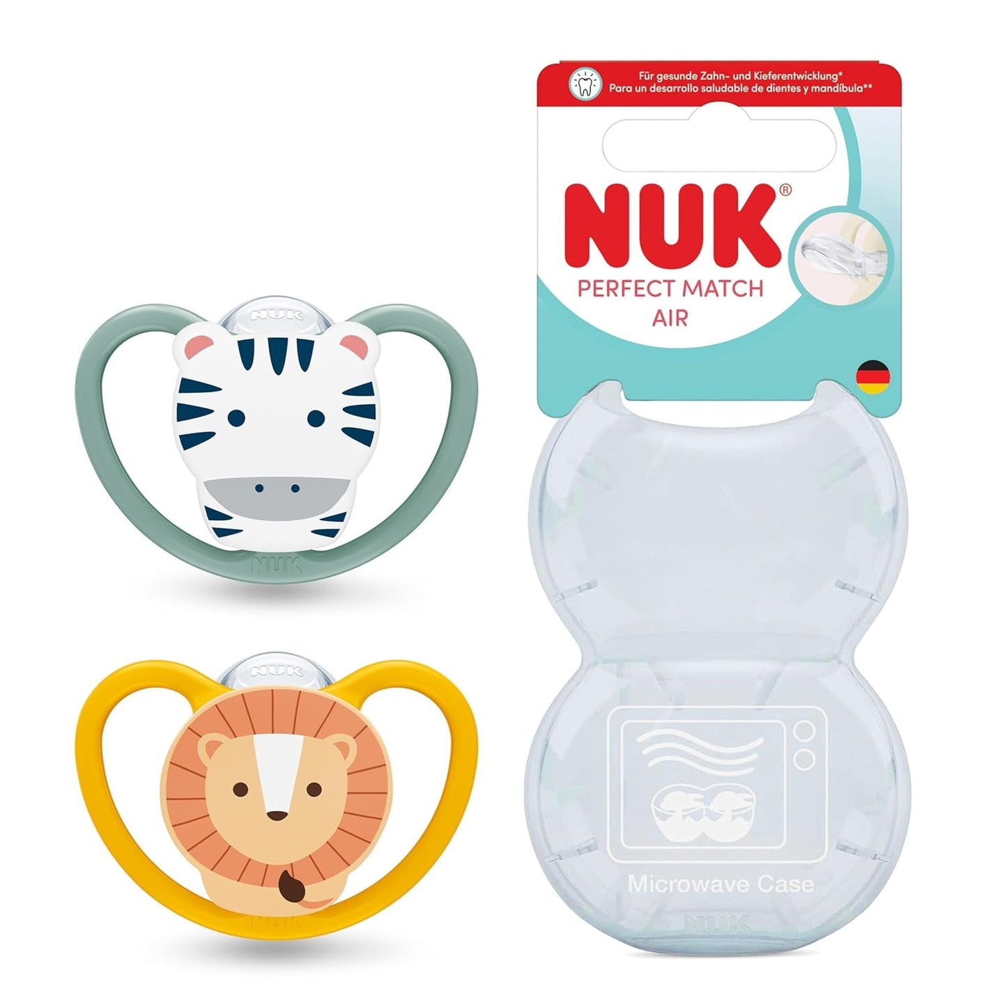NUK Perfect Match luchtfopspenen voor baby's | 6-18 maanden | Orthodontische fopspenen die de luchtcirculatie bevorderen en huiduitslag door speeksel voorkomen | 95% acceptatie door baby's** | Zebra/Leeuw | Pak van 2
