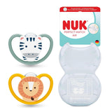 NUK Perfect Match luchtfopspenen voor baby's | 6-18 maanden | Orthodontische fopspenen die de luchtcirculatie bevorderen en huiduitslag door speeksel voorkomen | 95% acceptatie door baby's** | Zebra/Leeuw | Pak van 2