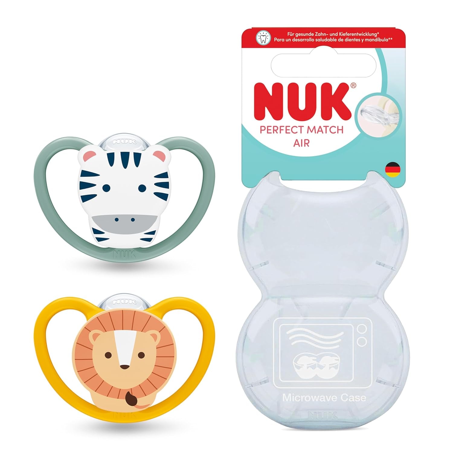 NUK Perfect Match luchtfopspenen voor baby's | 6-18 maanden | Orthodontische fopspenen die de luchtcirculatie bevorderen en huiduitslag door speeksel voorkomen | 95% acceptatie door baby's** | Zebra/Leeuw | Pak van 2
