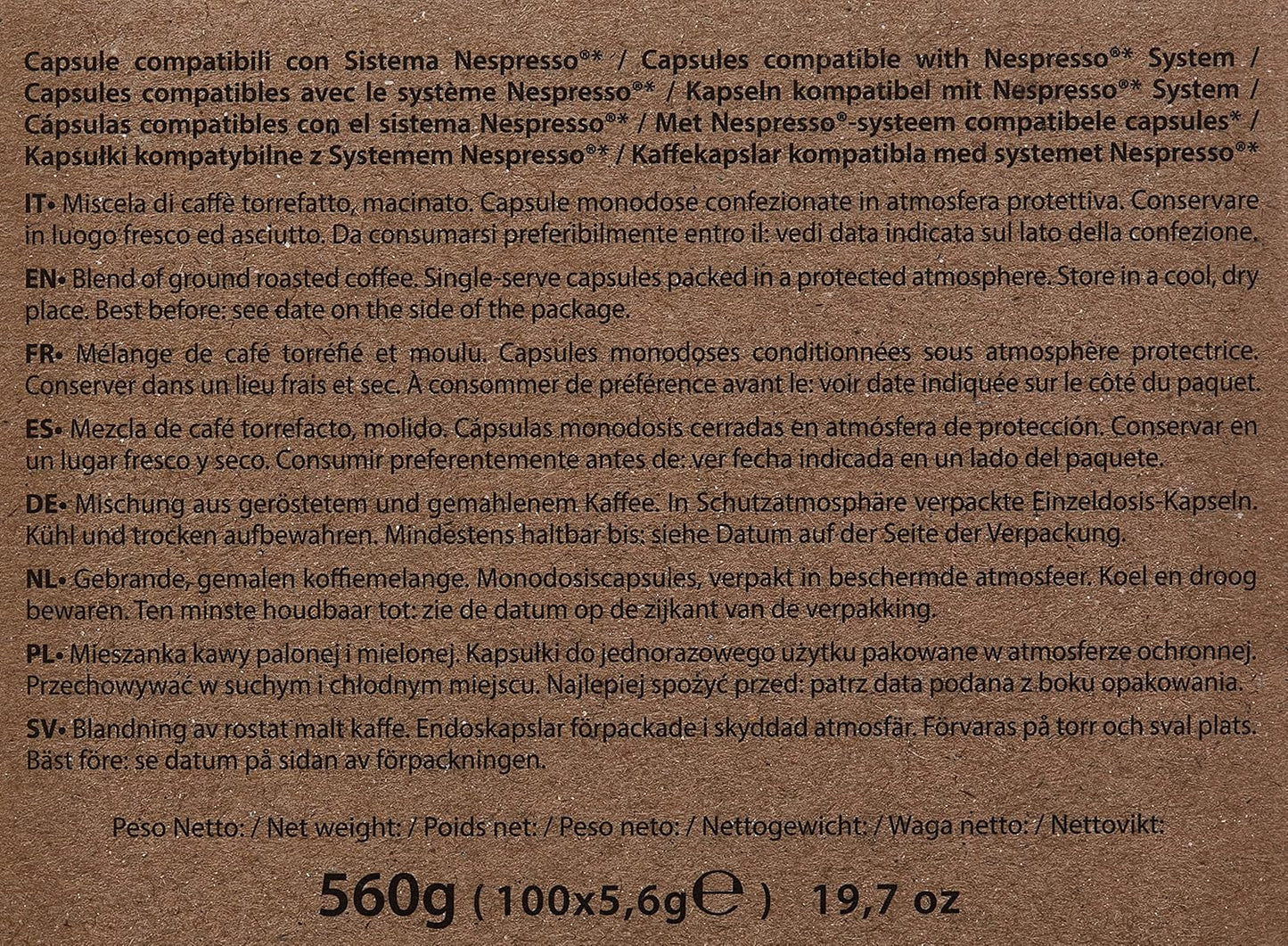 Decaffeinato koffiecapsules Nespresso-compatibel 5,6 g x 100 capsules
