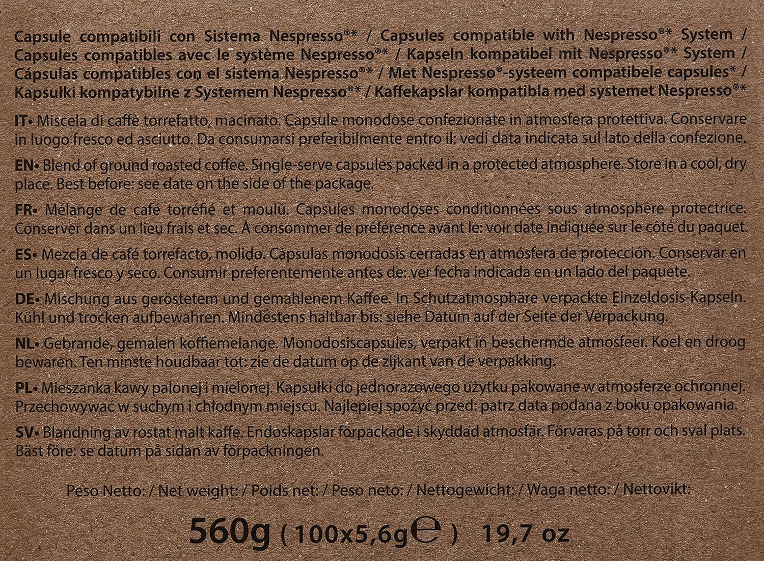 Decaffeinato koffiecapsules Nespresso-compatibel 5,6 g x 100 capsules
