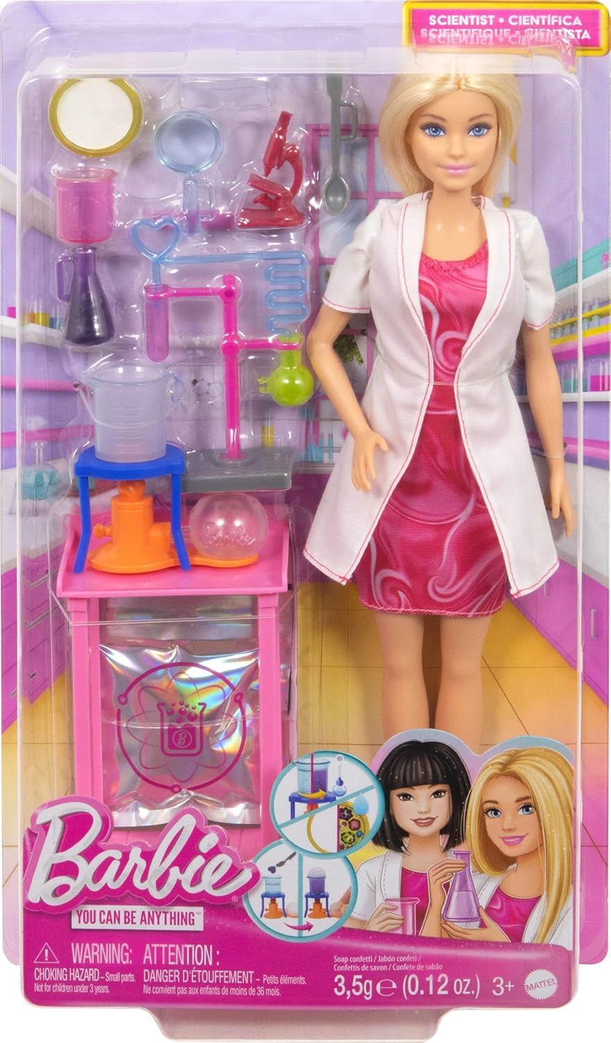 Barbie Wetenschapperspop en accessoires met modieuze blonde pop, laboratoriumtafel, microscoop, kleurveranderende beker en petrischaal, JCR70