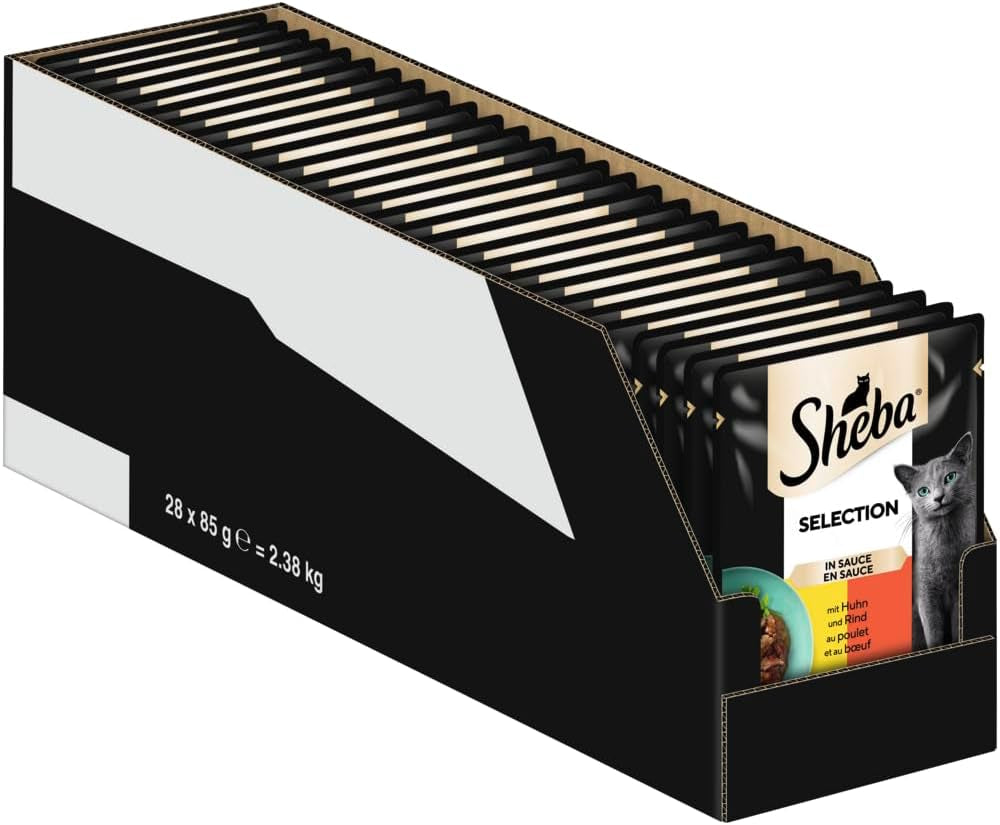 Natvoer voor katten Sheba Selection in geportioneerde zakjes met kip en rundvlees in saus 28x85g