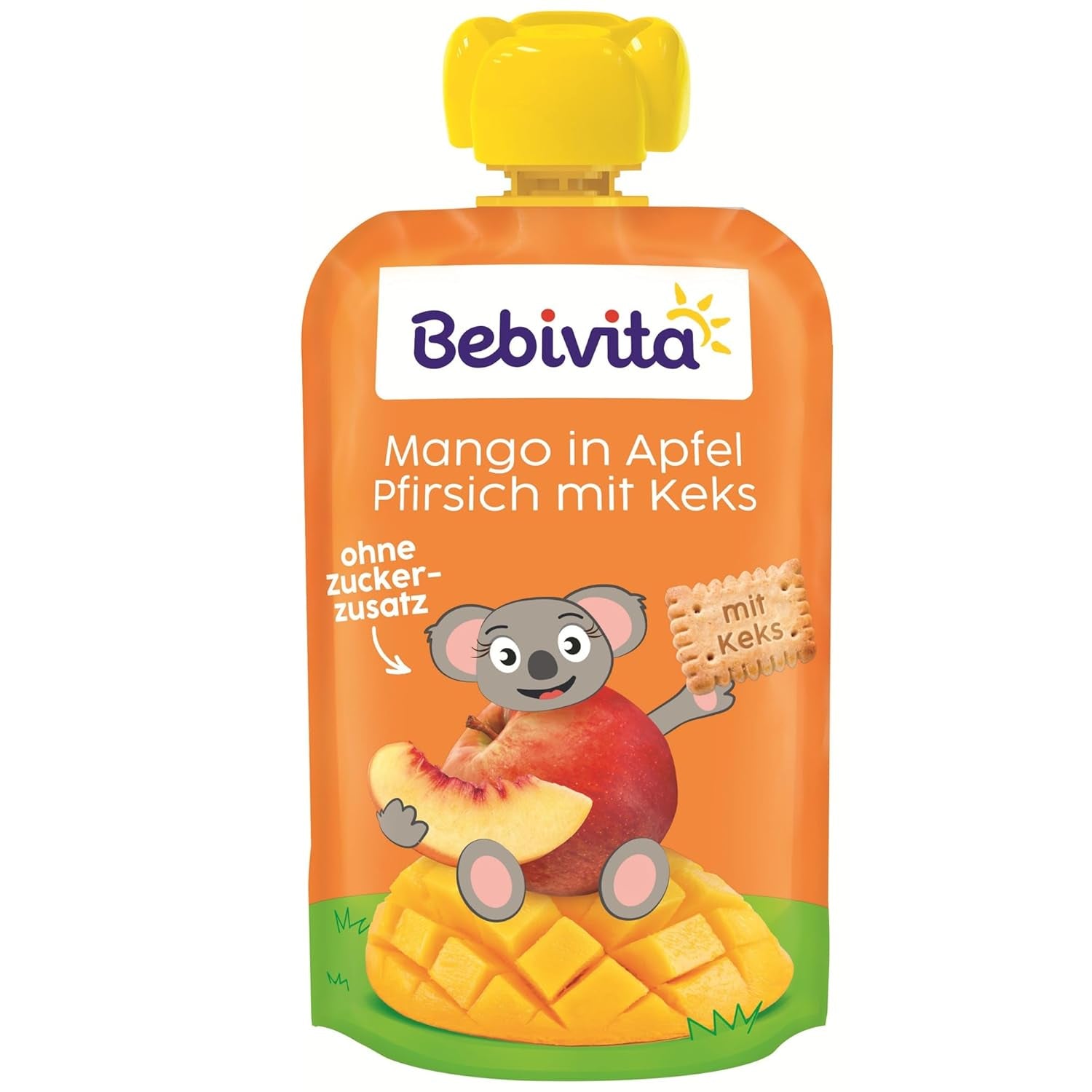 Mango in appel- en perziksaus met een zakje koekjes (6 x 120 g), zonder toegevoegde suiker, gemaakt van mild fruit en waardevolle granen, ideaal voor verpakte snacks en voor onderweg.