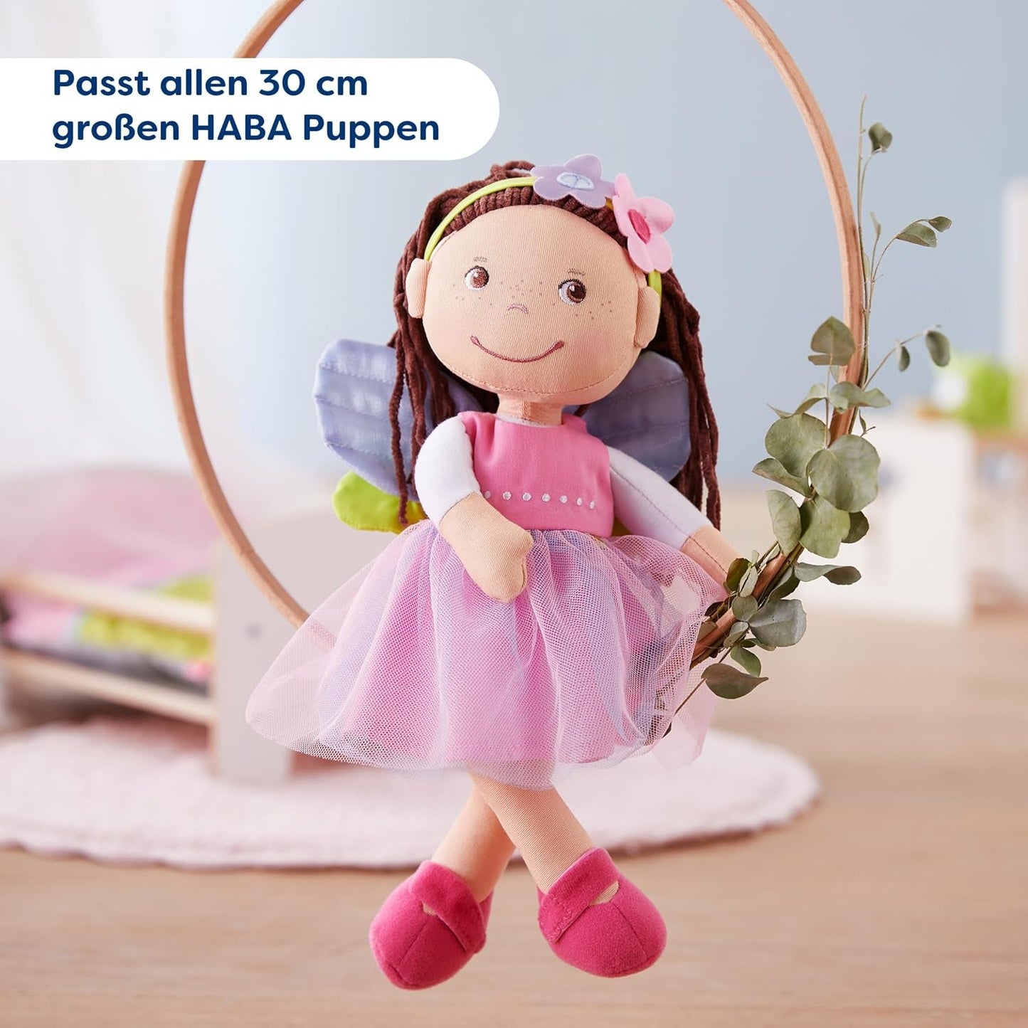 HABA Fee Magische Poppenkleertjes - 2-delige set voor poppen van 18 maanden en ouder (30 cm) - Tule jurk met vleugels, inclusief bloemenhaarband - 1306243001