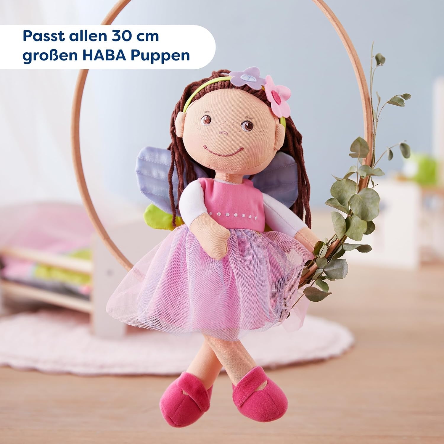 HABA Fee Magische Poppenkleertjes - 2-delige set voor poppen van 18 maanden en ouder (30 cm) - Tule jurk met vleugels, inclusief bloemenhaarband - 1306243001