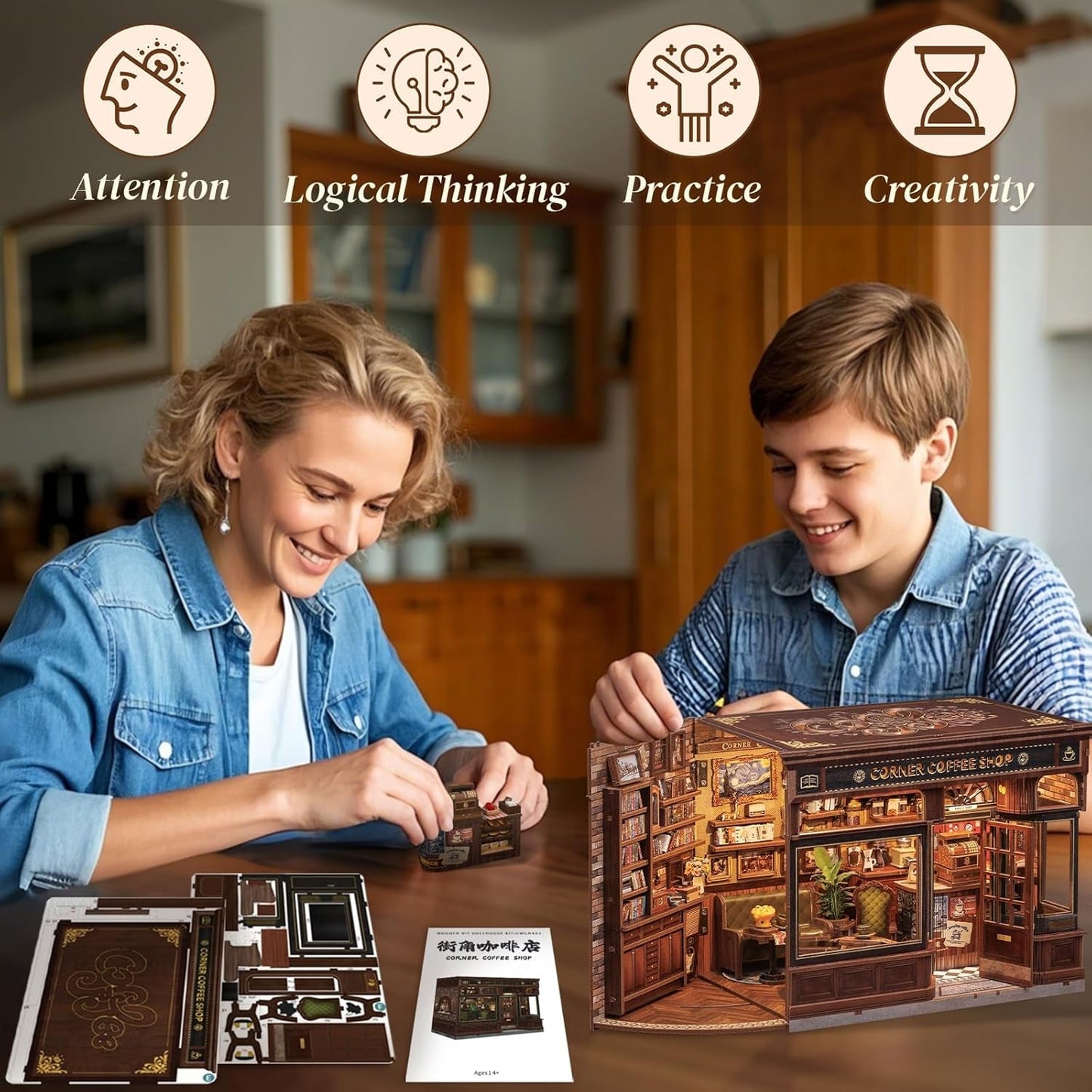 CUTEBEE Boekenhoekset - DIY-poppenhuizen, LED-verlichte miniatuurhuisbouwset voor volwassenen, 3D houten puzzel en boekenstandaard - Boekenplankdecoratie en cadeau (hoekcafé)
