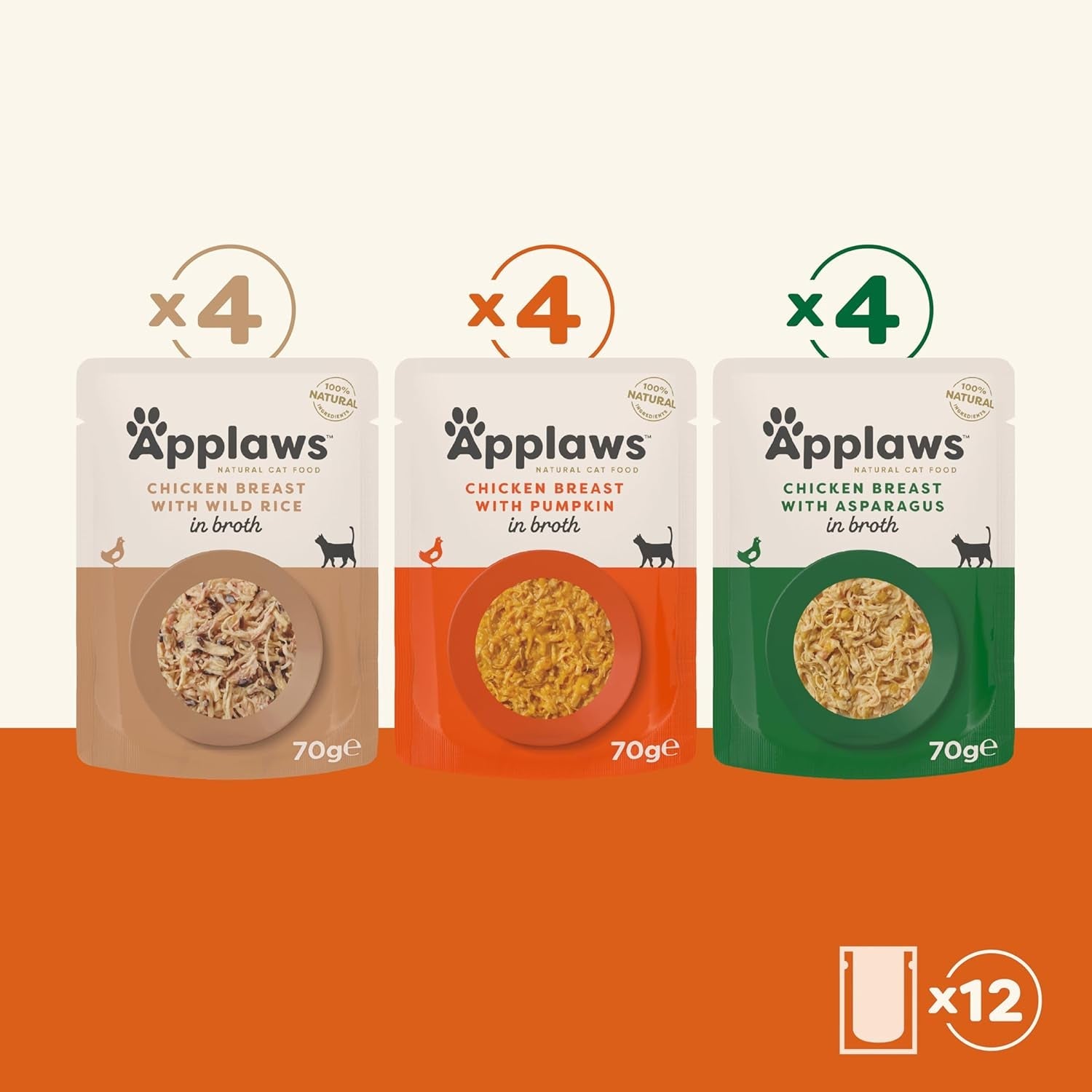 Applaws Premium natuurlijk natvoer voor katten, selectie van kip in soep, geportioneerde zakjes van 70 g (12x70 g)