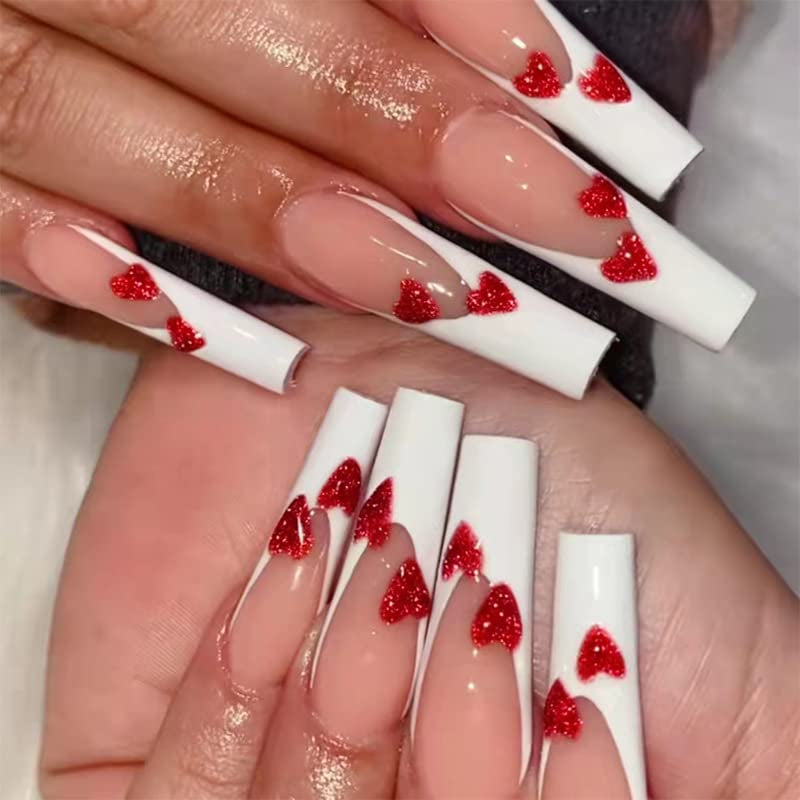 24 stuks Franse pers op lange nagels Doodskist Witte kunstnagels Ombre roze Nude Zelfklevende nagels Acryl nagelset Nageltips voor dames Lente Zomer Nagelaccessoires