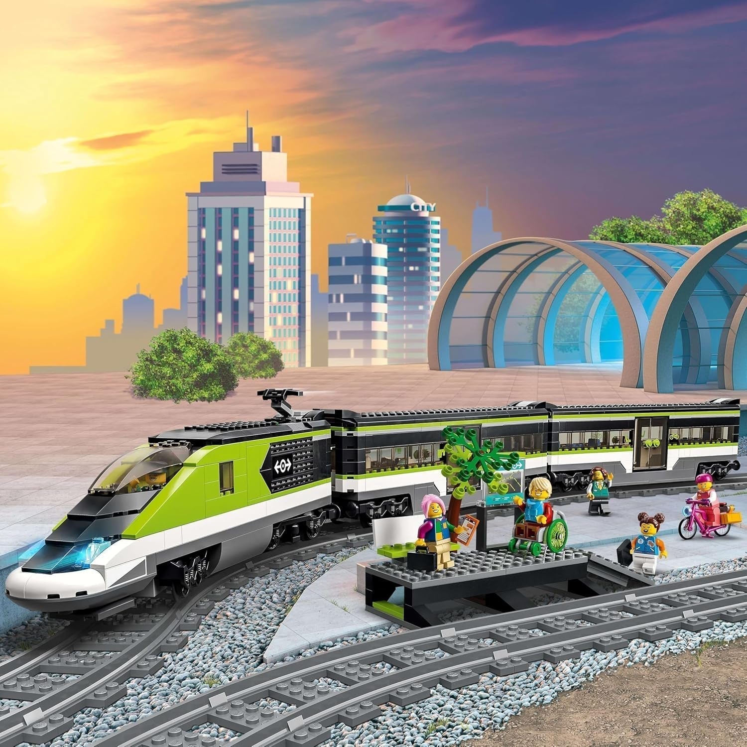 LEGO City Passagierssneltrein, treinset met afstandsbediening, spoorwegspeelgoed met koplampen, 2 rijtuigen en 24 baanelementen, cadeau voor kinderen, jongens en meisjes 60337 Bouwsets Besuche in LEGO-Store