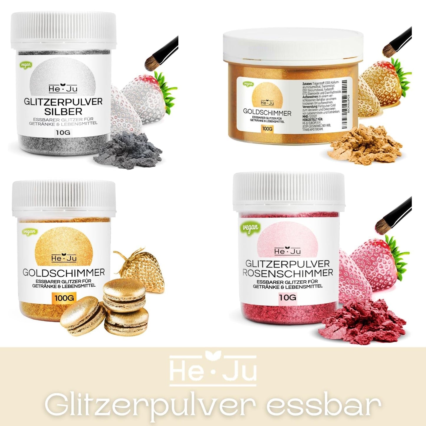 He-Ju Metallic Gold vloeibare kleurstof voor levensmiddelen 25 ml, eetbare glitter voor drankjes en eten (metallic goud, 25 ml)