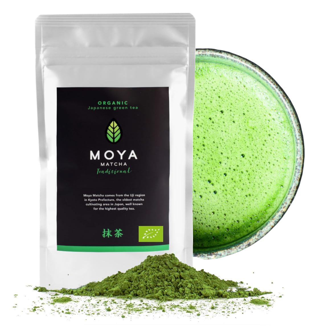 Moya Matcha biologische groene theepoeder | 100 g traditionele ceremoniekwaliteit 30 g | Biologisch geteeld en geoogst in Uji, Japan | Perfect om te drinken met water, matcha lattes, smoothies en limonades
