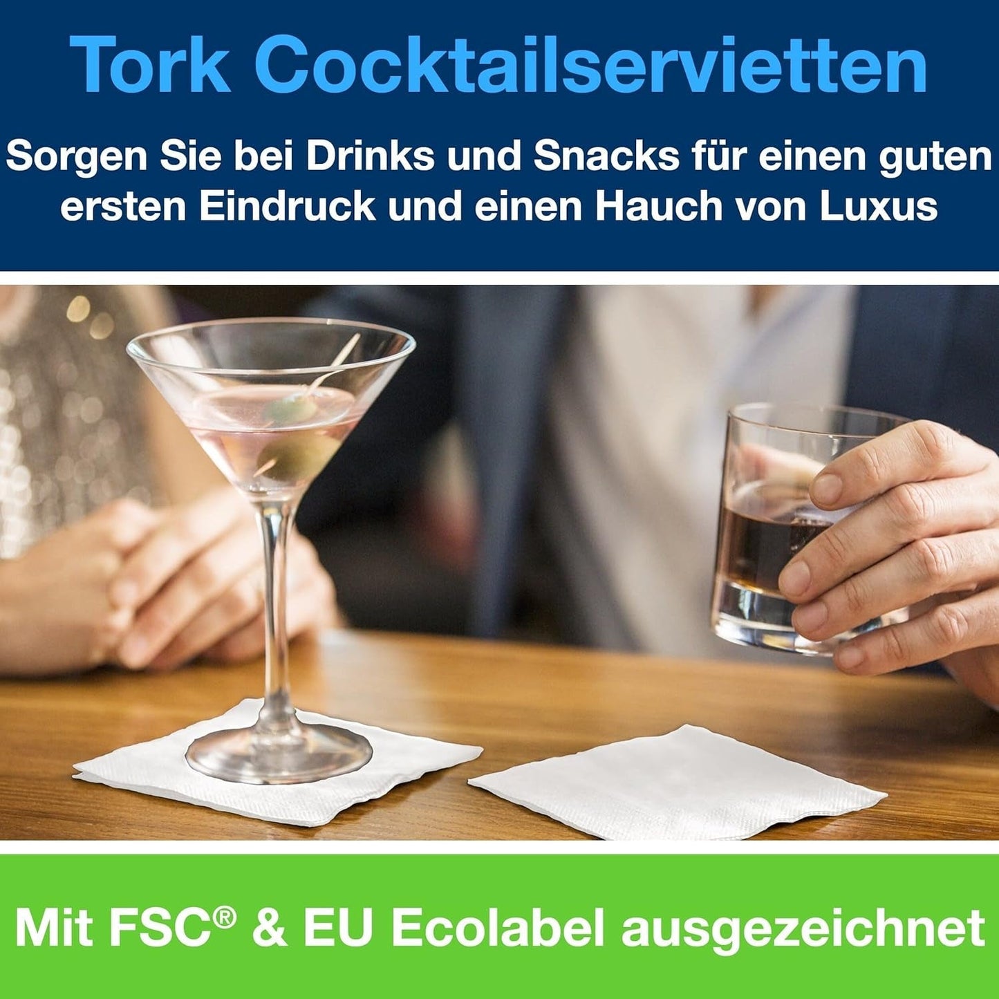 Tork Cocktail Witte Servetten, 1/4-voudig, 2-laags, 24 cm × 24 cm, 200 Servetten, 477534