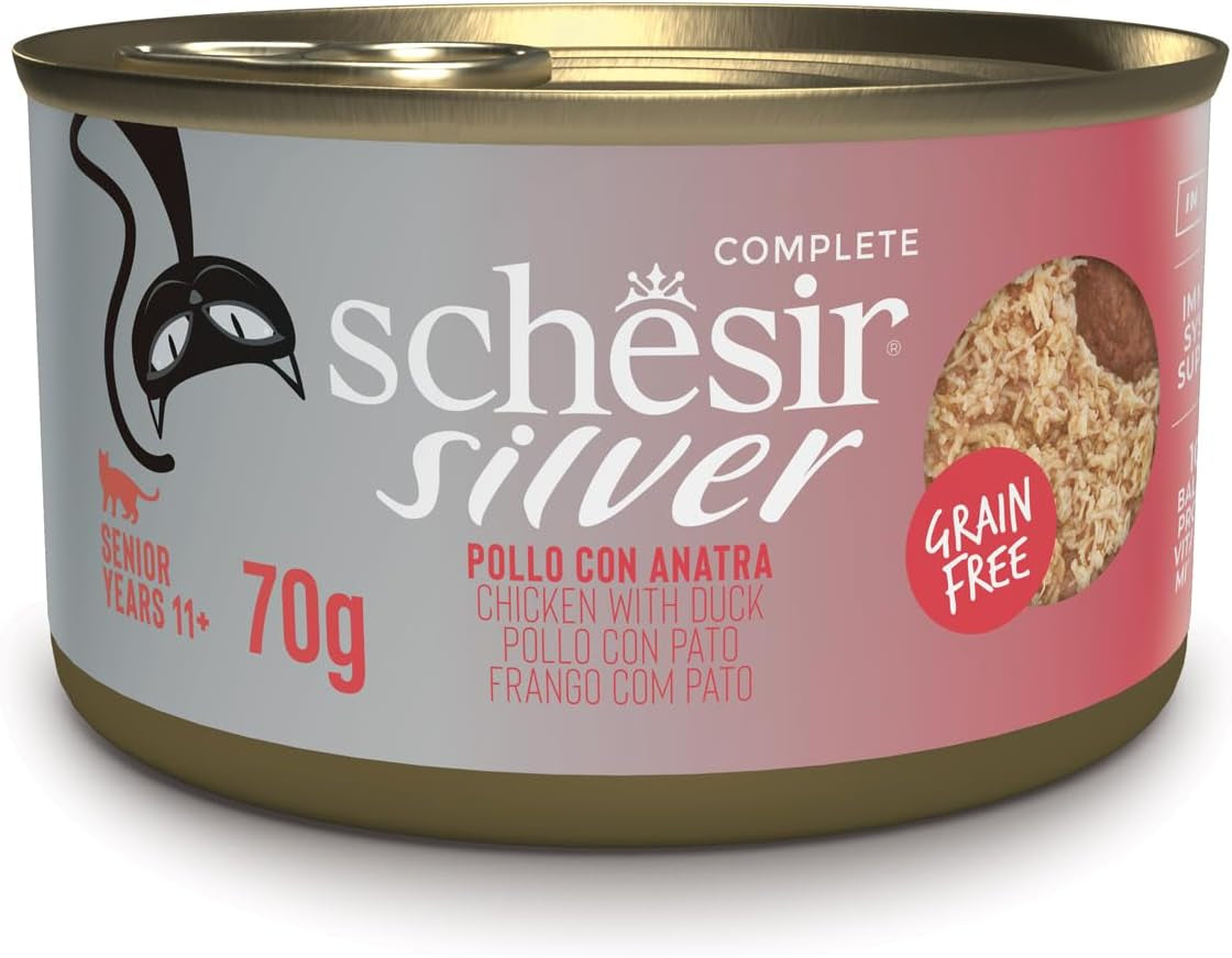 Zilveren Kip met Eendenmousse en Filets, Compleet Natvoer voor Senior Katten, Graanvrij, Immuunondersteuning, Vochtbron, 12 x 70 g