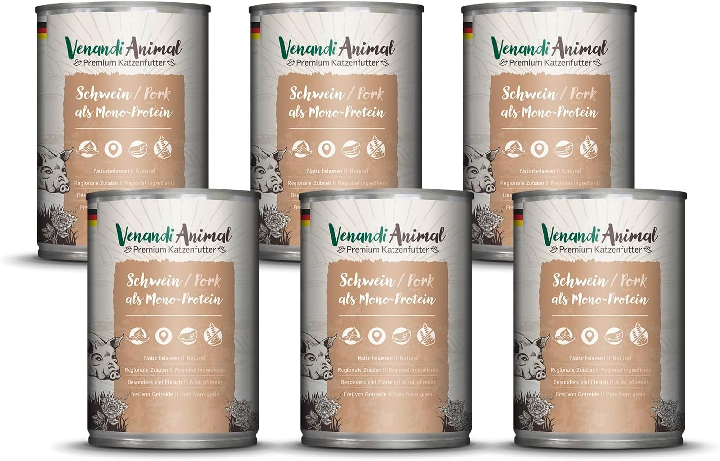 Venandi - Premium nat kattenvoer - varkensvlees als enkel eiwit, 6 x 400 g (pak van 6), graanvrij met extra vlees