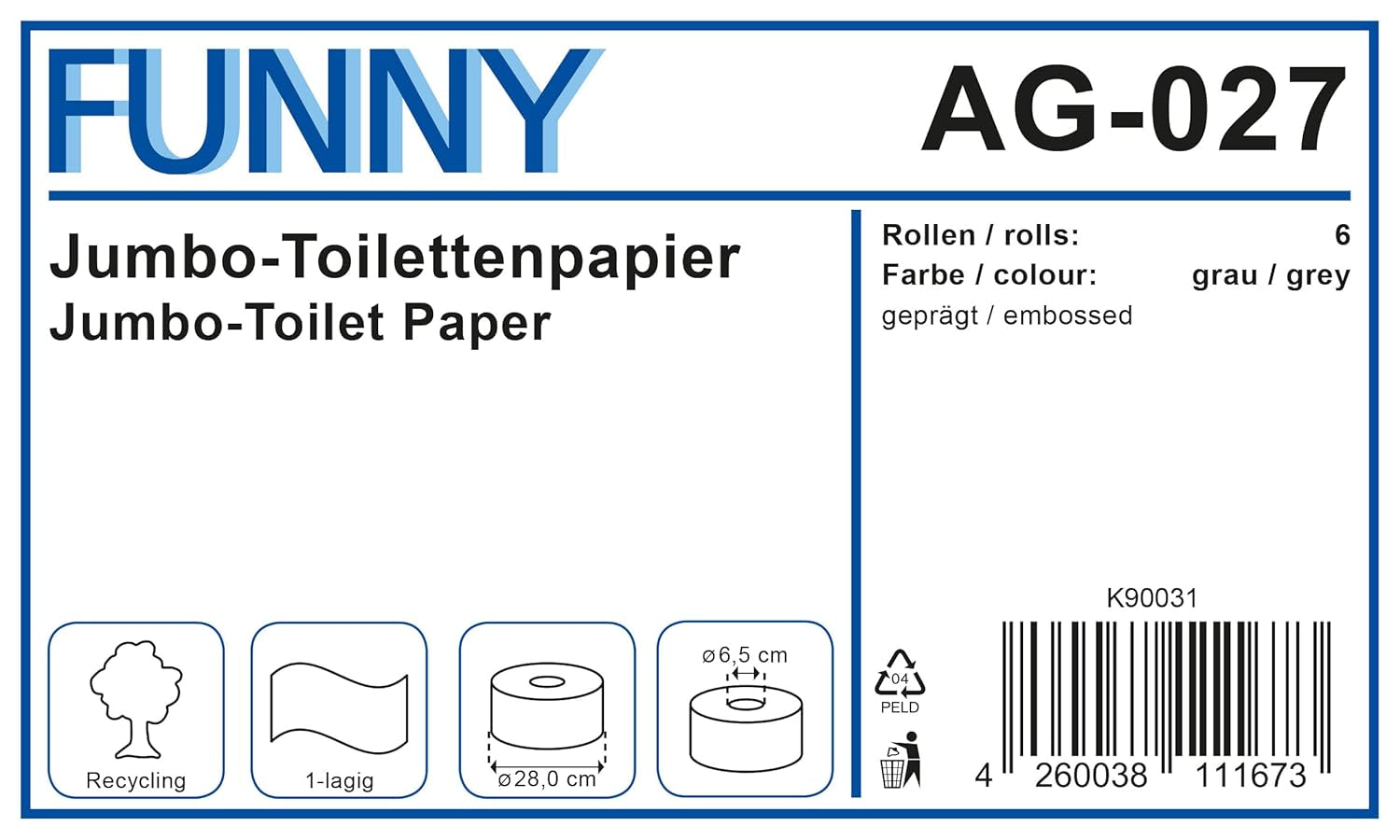 Funny AG-027 Jumbo Toiletpapier, 1-laags, gerecycled, diameter 28 cm (pak van 6)