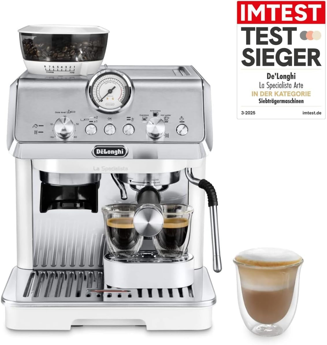 De'Longhi La Specialista Arte EC9155.MB portafilter espressomachine met molen, 8 maalstanden, 15 bar druk, 3 temperatuurstanden, melkopschuimer, 1550W, 1,7L tank, RVS/zwart, inclusief barista kit
