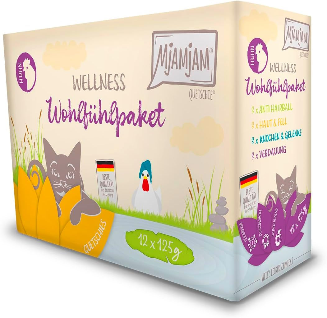 MjAMjAM - Premium natvoer voor katten - Kip Wellnesspakket 12 stuks (12 x 125 g) Graanvrij met extra vlees