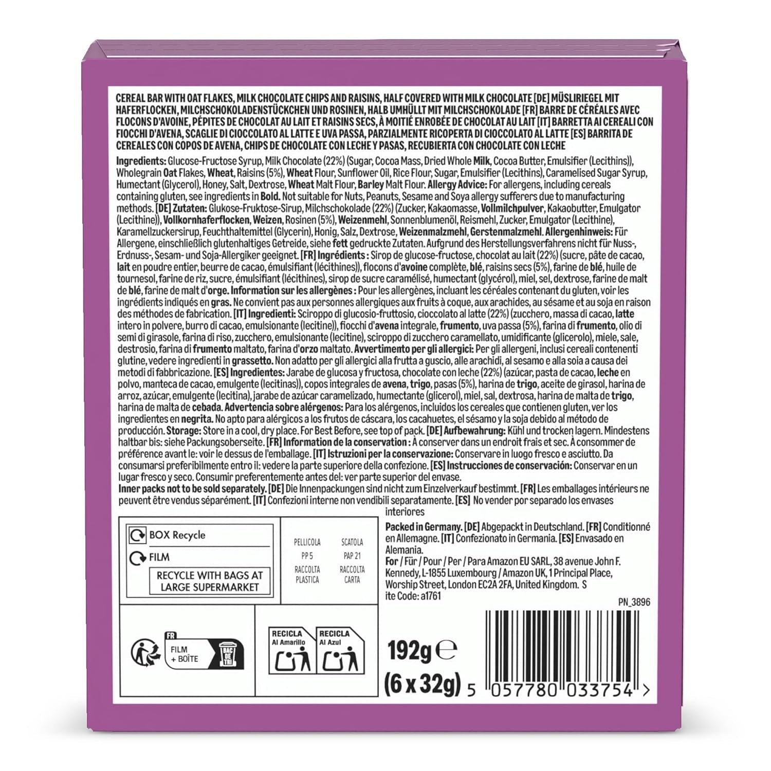 Mueslireep met chocolade en rozijnen van Amazon, 192g