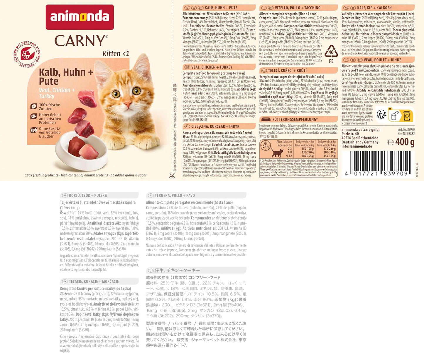 animonda Carny Katzen Nassfutter Kitten Kip + Pute (12 x 400g), Kitten getreidefreies Katzennassfutter ohne Zucker für wachsende Kätzchen bis 1 Jahr, mit frischen Ingrediënt