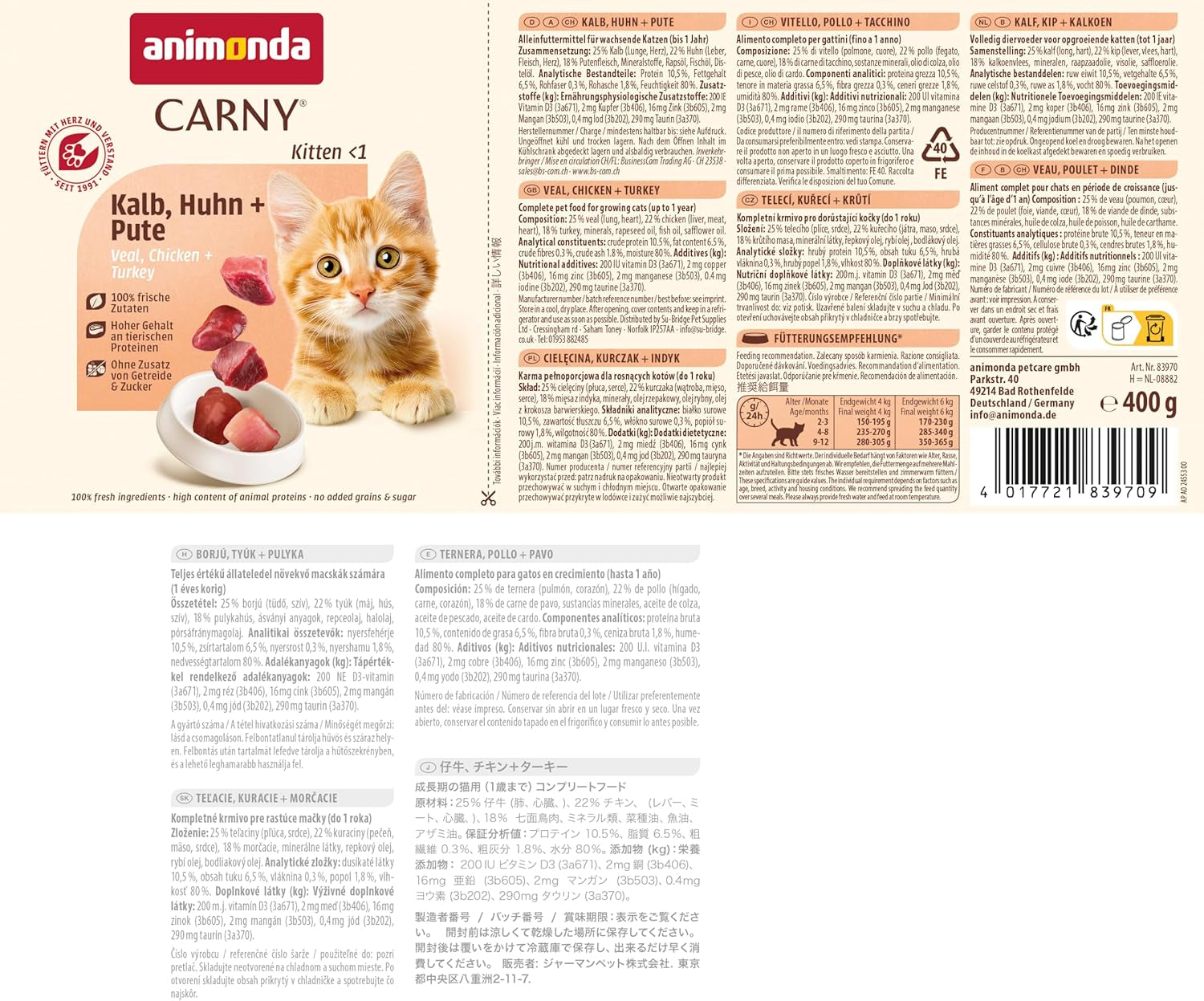 animonda Carny Katzen Nassfutter Kitten Kip + Pute (12 x 400g), Kitten getreidefreies Katzennassfutter ohne Zucker für wachsende Kätzchen bis 1 Jahr, mit frischen Ingrediënt