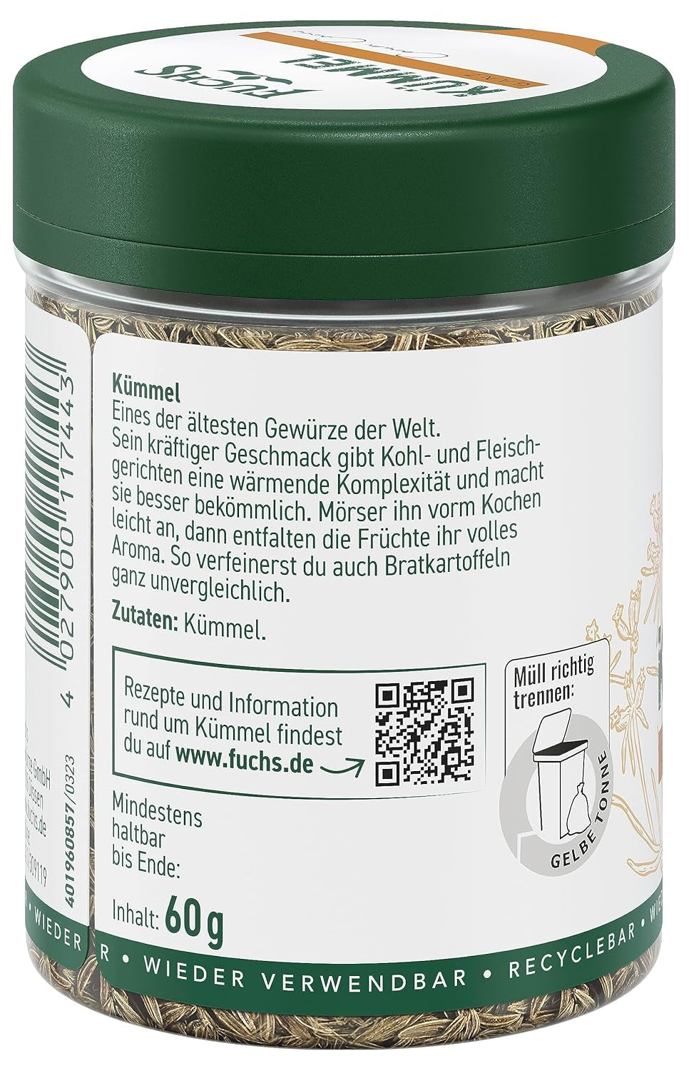 Fuchs Gewürze - Kümmel Ganz - kräftiges Gewürz für Kohl- und Fleischgerichte oder zu Bratkartoffeln - natuurlijk ingrediënt - 60 g in wiederverwendbarer, recyclebarer Dosis