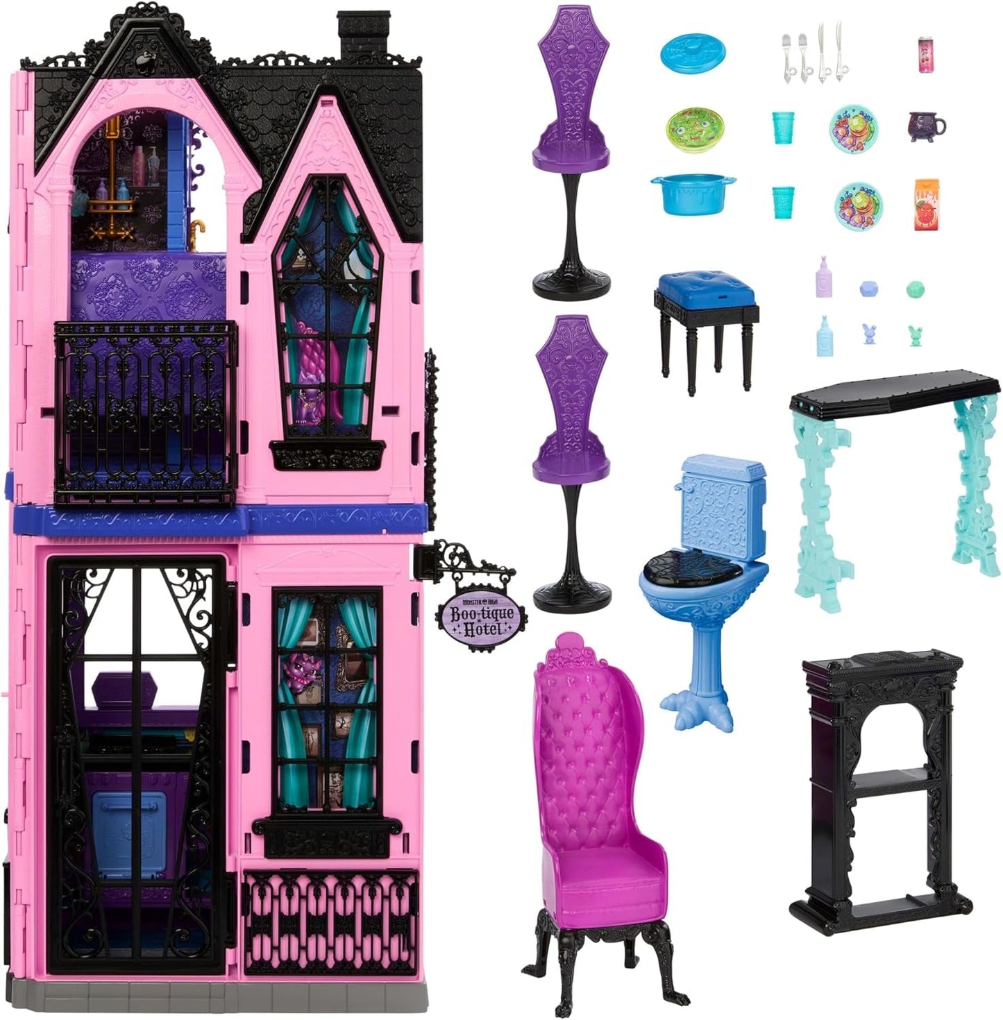 Monster High Buh-tique Hotel Poppenhuis, opvouwbare speelset met enge verrassingen in elke kamer en 13+ speelsets, inclusief meubels en accessoires, JBF16
