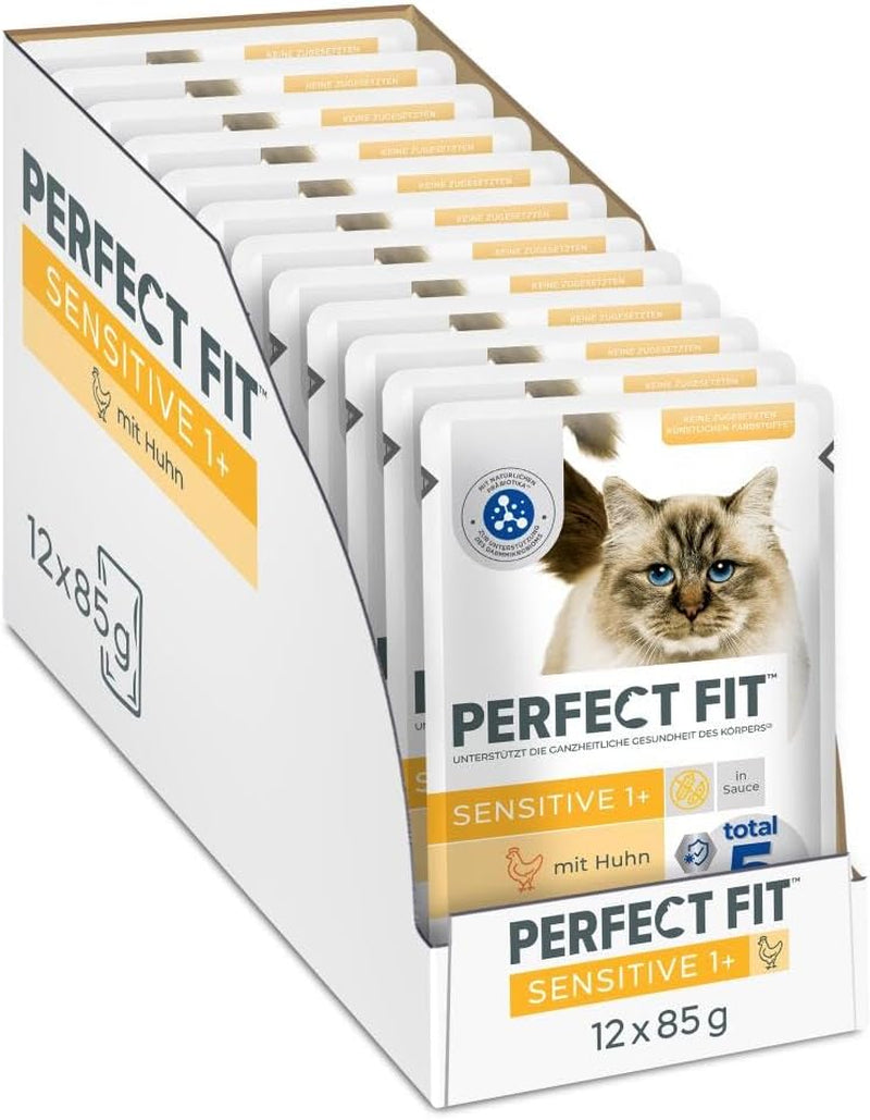 Natvoer voor katten Perfect Fit Sensitive 1+ met kip in saus, 12 zakjes, 12 x 85g - Premium natvoer voor gevoelige katten vanaf 1 jaar, zonder tarwe en soja, ter ondersteuning van de spijsvertering