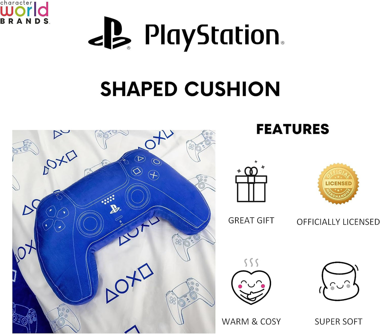 Karakterwereld: officieel gelicentieerd PlayStation-controllervormig kussen, handsetontwerp, gevuld pluchen kussen | Perfect voor slaapkamer- of speeldecoratie, blauwe standaardkussens van Naty Shop