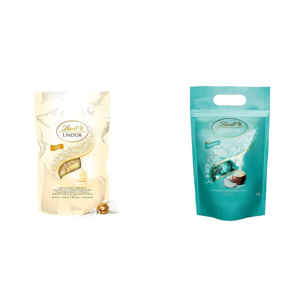LINDOR witte chocoladebolletjes, 1 kg en LINDOR | Hersluitbare zak van 1 kg | ca. 80 melkchocoladebolletjes met muntvulling | Bulkverpakking, pralinegeschenk, chocoladegeschenk