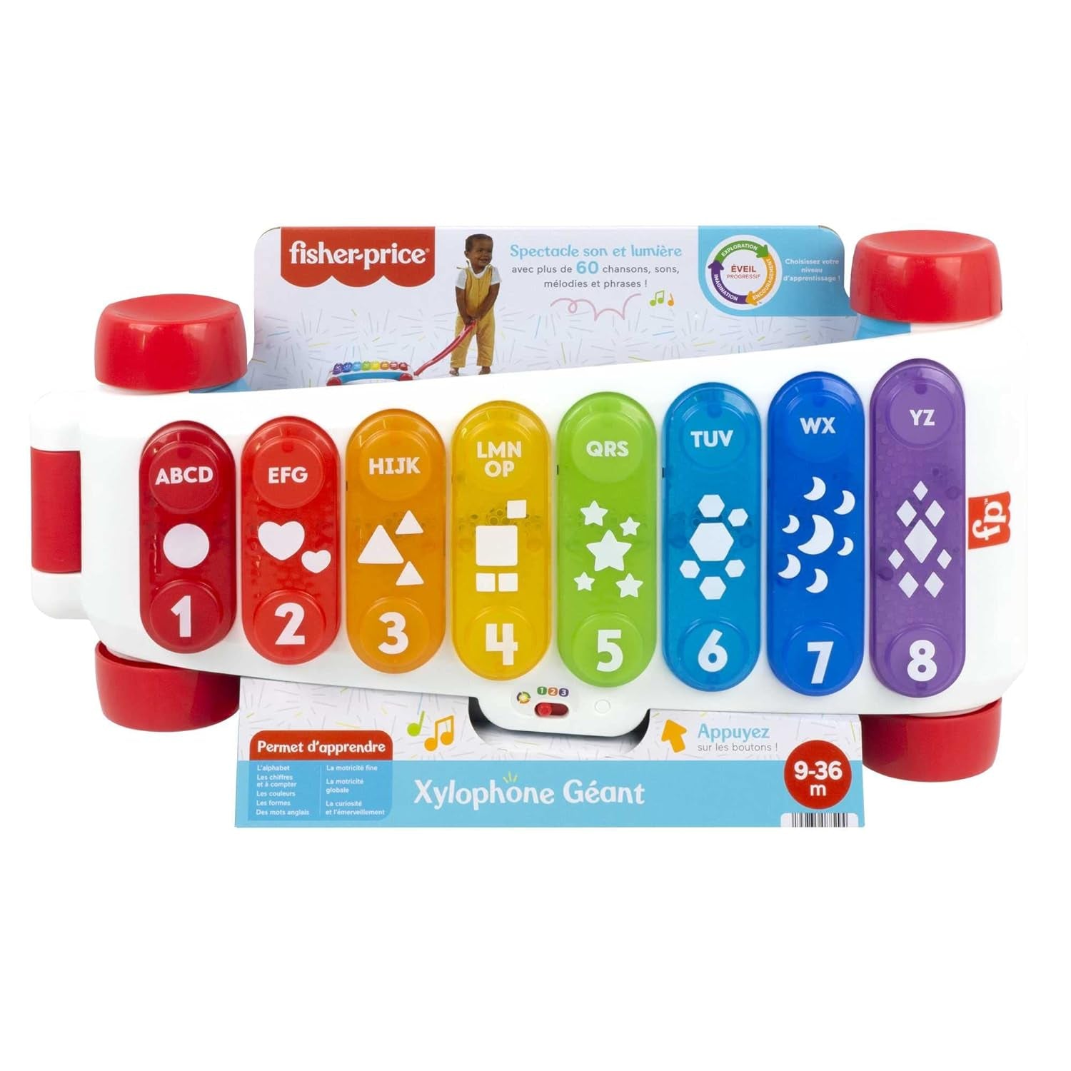Fisher-Price Oplichtende gigantische xylofoon - elektronisch muziekinstrument om mee te trekken met liedjes met leerinhoud, voor kinderen, peuters vanaf 9 maanden, veelkleurig, versie: Frans, HJK40 Jucarii Bebe Naty Shop