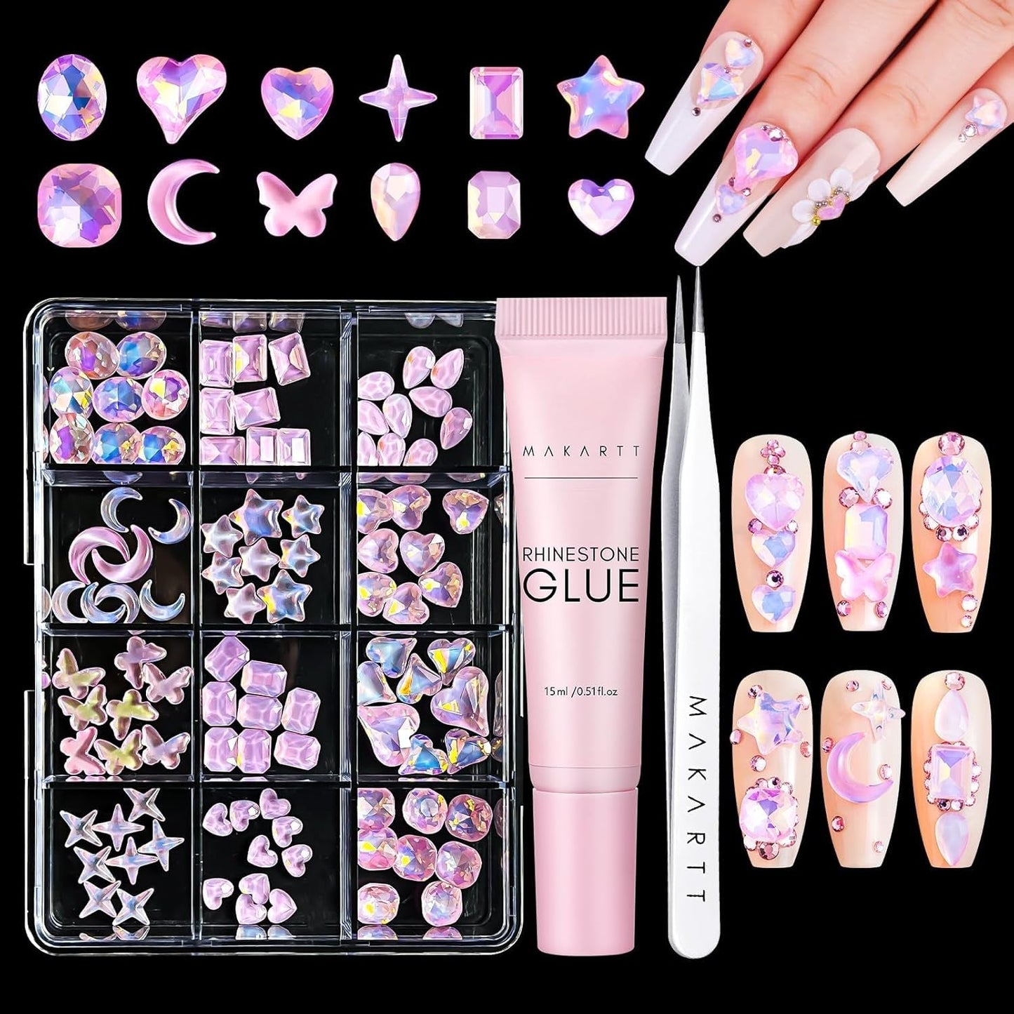 Makartt Strass zelfklevende gel - 15 ml UV-nagellijmset met roze nagelbedels Hartcirkel Nagelsieraden en nageldesignaccessoires voor thuismanicure Valentijnsdagcadeau