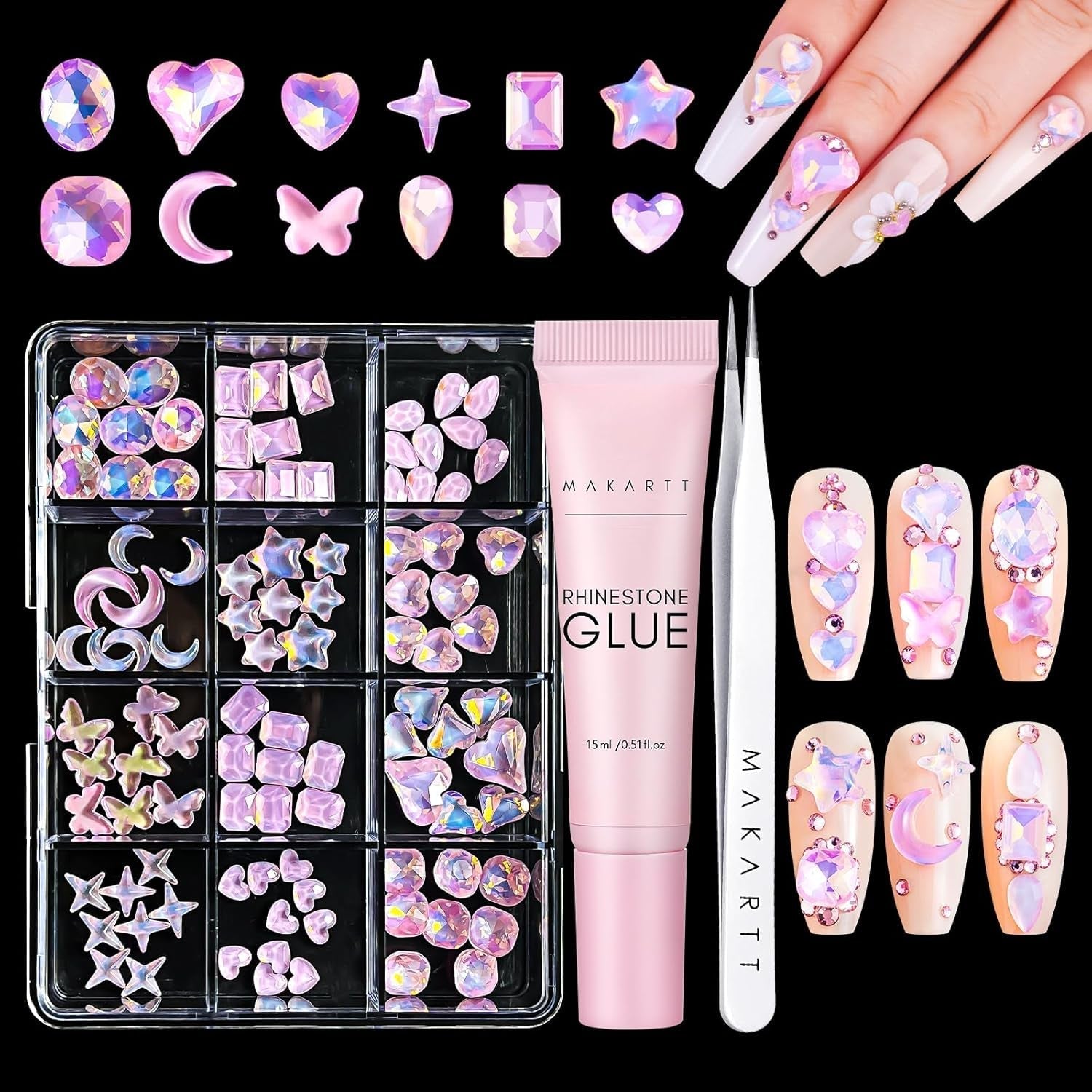 Makartt Strass zelfklevende gel - 15 ml UV-nagellijmset met roze nagelbedels Hartcirkel Nagelsieraden en nageldesignaccessoires voor thuismanicure Valentijnsdagcadeau