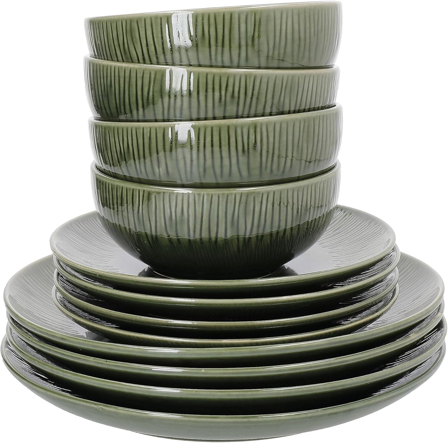 Mikasa Jardin 12-delige serviesset, 4-persoons aardewerk serviesset met borden, zijborden en schalen, groen - geschenkdoos en vaatwasmachinebestendig