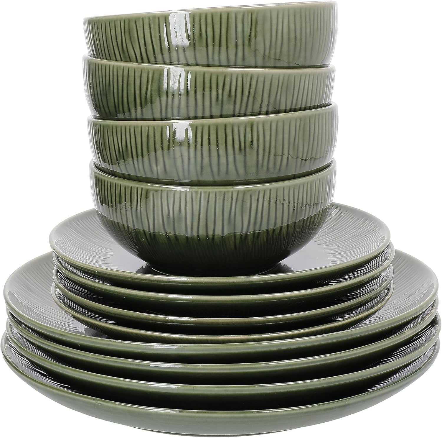 Mikasa Jardin 12-delige serviesset, 4-persoons aardewerk serviesset met borden, zijborden en schalen, groen - geschenkdoos en vaatwasmachinebestendig