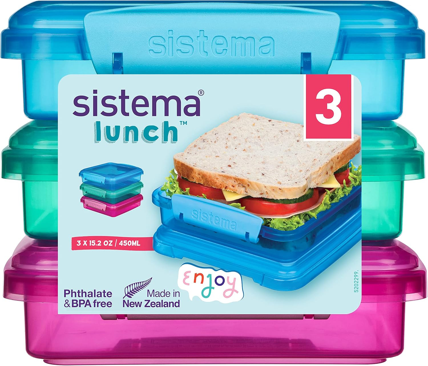 Lunchbox sandwichboxsysteem | 450 ml | stapelbare en luchtdichte lunchbox met deksel | voor kinderen en volwassenen | zonder BPA | gemengde kleuren | 3 stuks Voedselbewaardozen Naty Shop 3 X 450 Ml