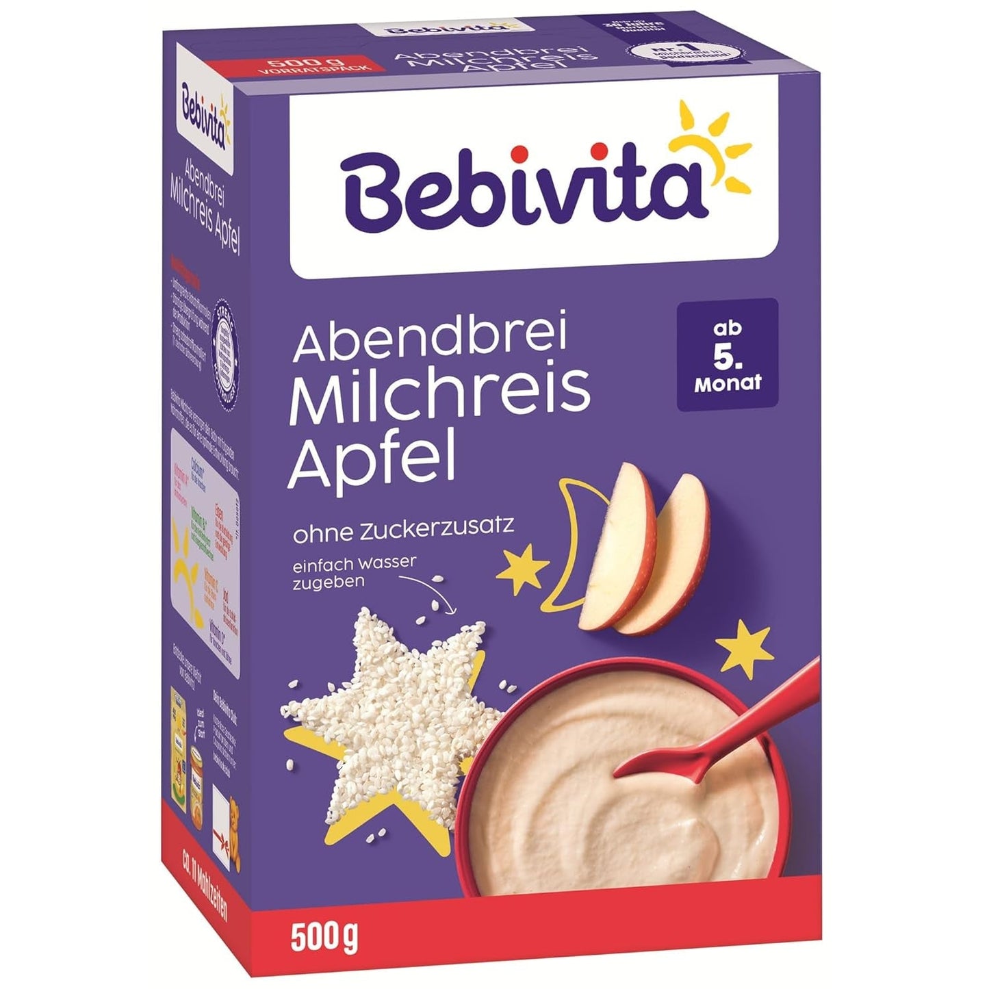 Rijstpudding met appels en avondpap (4x500g), melkpap vanaf 5 maanden, met waardevolle mineralen en vitaminen, zonder toegevoegde suikers, zeer vullend