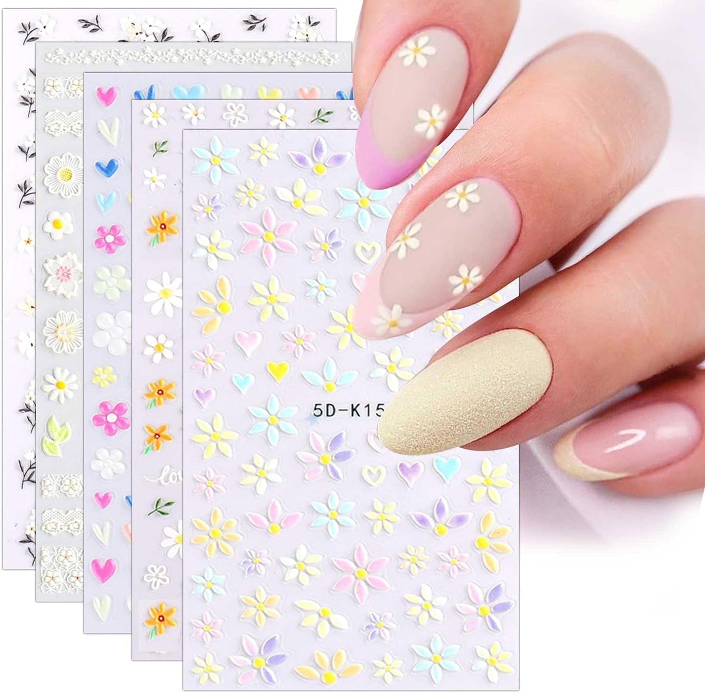 JMEOWIO 3D Nagelsticker Frühling Blumen 5 Blatt Nagelaufkleber 5D Stereoskopisch Selbstklebend Bunte Blüte Nail Art Sticker Decoratie Nageldesign Zubehör