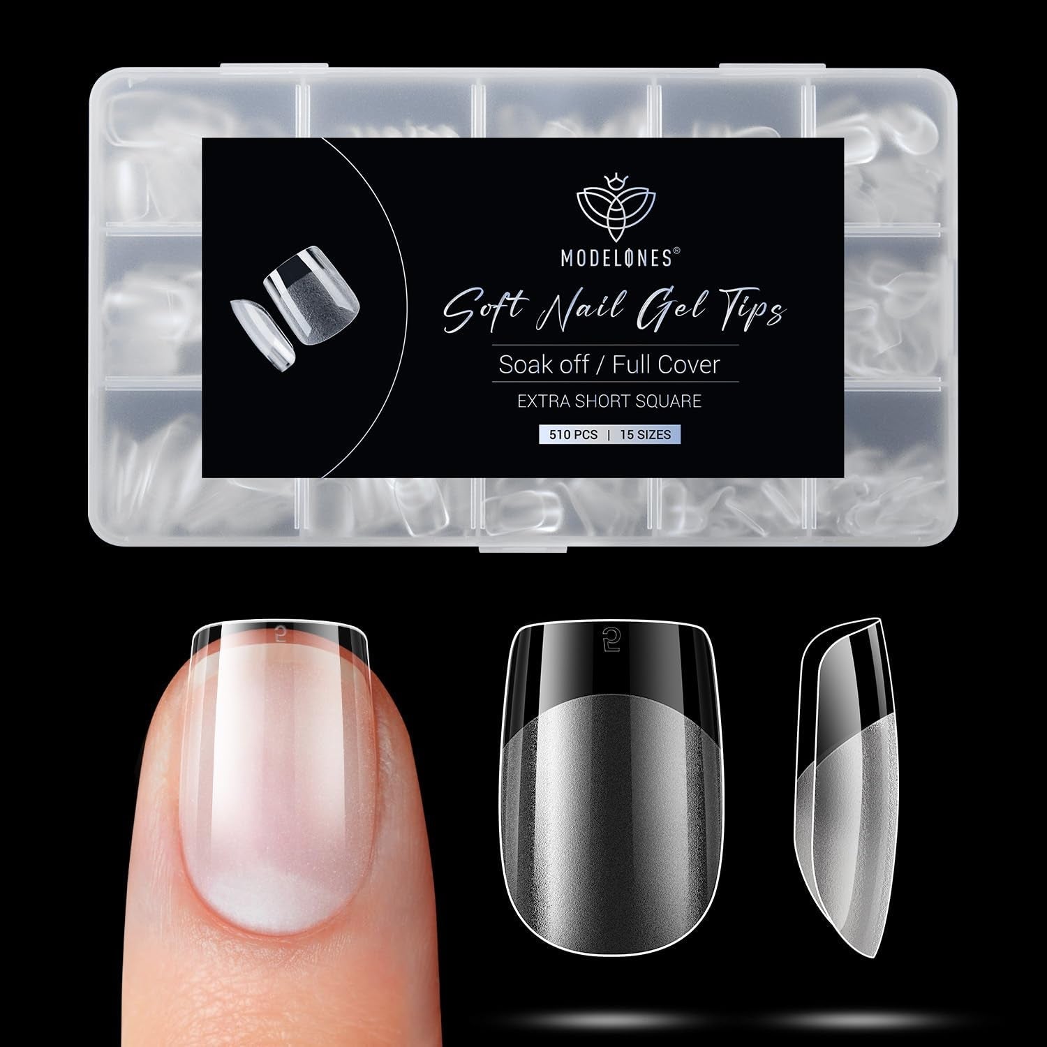 Modelones nageltips 510-delig - volledig dekkende nageltipsset, geltipsset, pre-polijst PMMA-hars nageltips, kunstnagels voor lijm op nail art DIY, korte Squoval