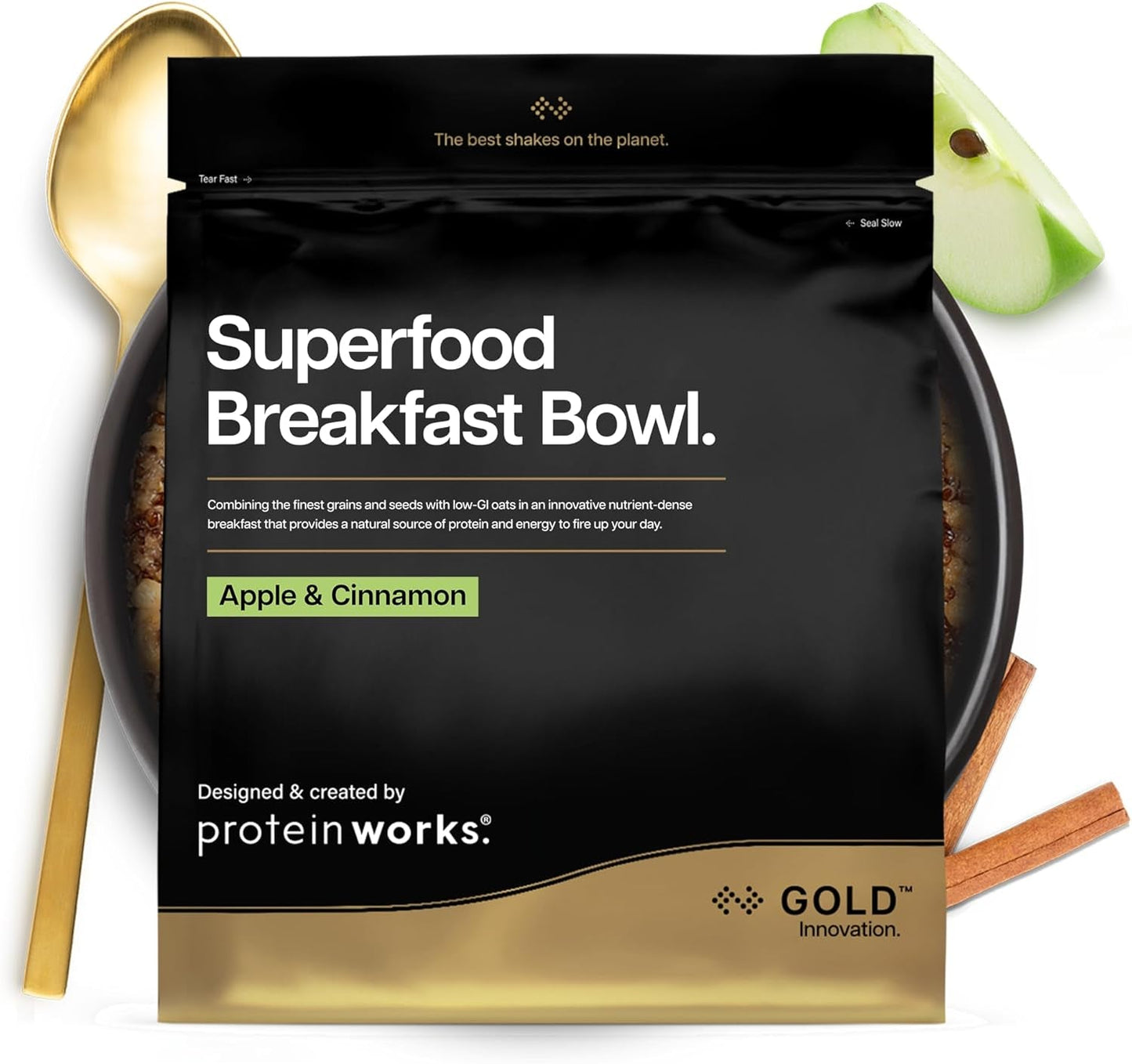 Eiwit werkt | Superfood-ontbijt - GOLD Innovation, bekroonde ontbijtgranen, eiwitmuesli, voedingsrijk met granen, zaden en haver, vezelrijk, appel en kaneel, 10 porties, 600 g