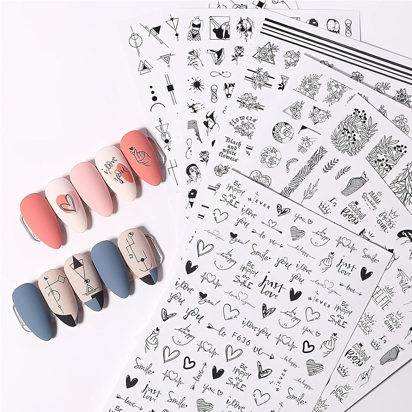 7 Blätter Nagelsticker Selbstklebend Nagelsticker Blumen Abstrakt 3D Schwarz Nagelaufkleber Nageldesign Herzform Wörter Pflanzen Nagelsticker DIY Nail Art Zubehör Maniküre Decoratie