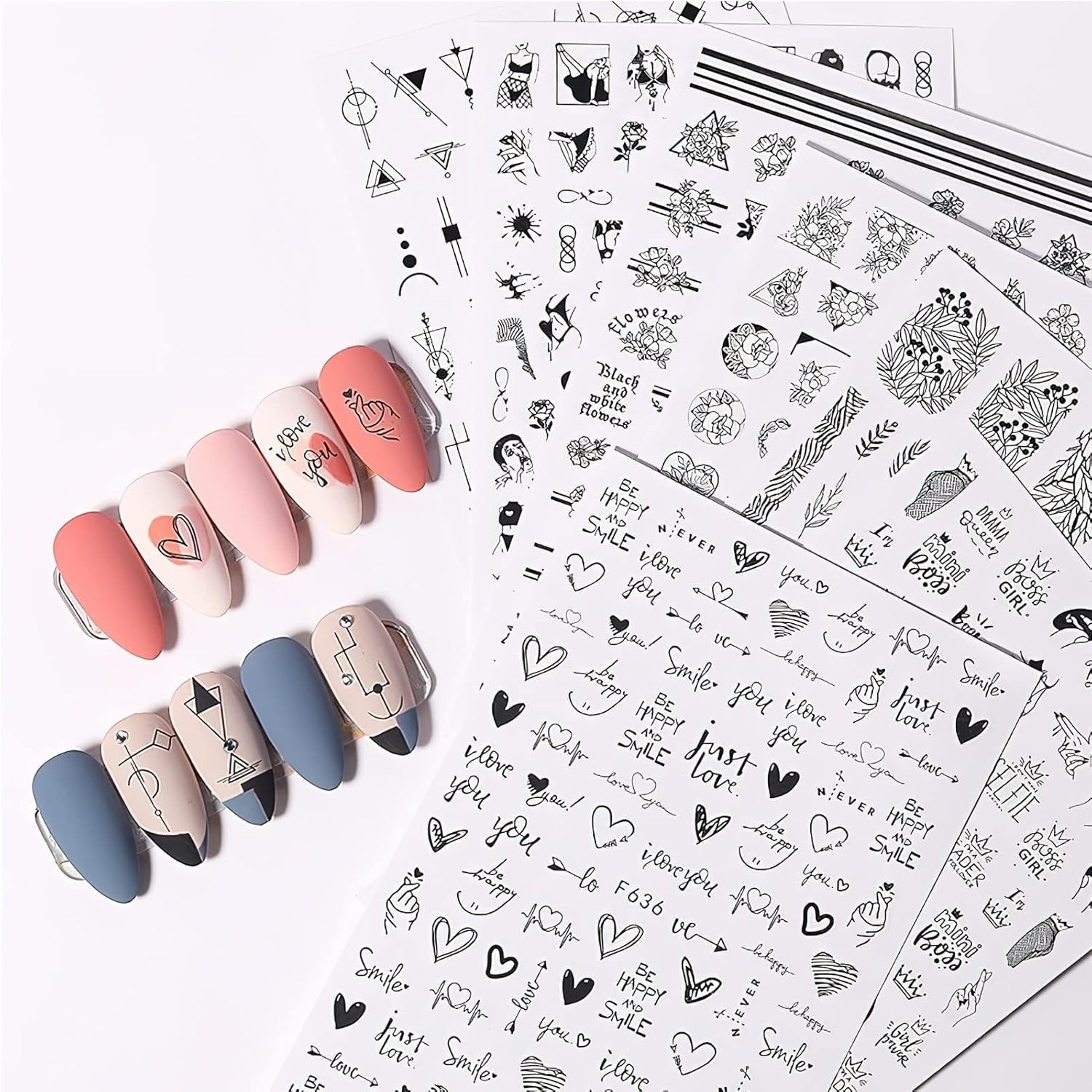 7 Blätter Nagelsticker Selbstklebend Nagelsticker Blumen Abstrakt 3D Schwarz Nagelaufkleber Nageldesign Herzform Wörter Pflanzen Nagelsticker DIY Nail Art Zubehör Maniküre Decoratie