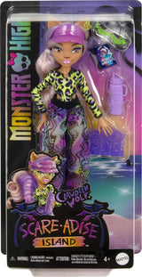 Monster High Scare Adise Island Clawdeen Wolf-pop met zwempak, joggingbroek en strandaccessoires zoals vizier, waterfles en boek
