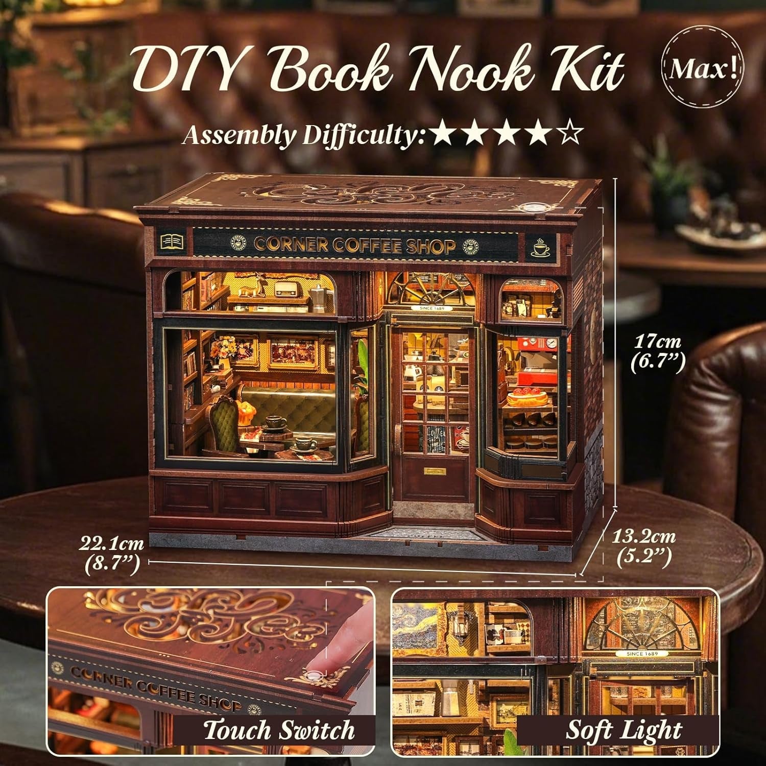 CUTEBEE Boekenhoekset - DIY-poppenhuizen, LED-verlichte miniatuurhuisbouwset voor volwassenen, 3D houten puzzel en boekenstandaard - Boekenplankdecoratie en cadeau (hoekcafé)