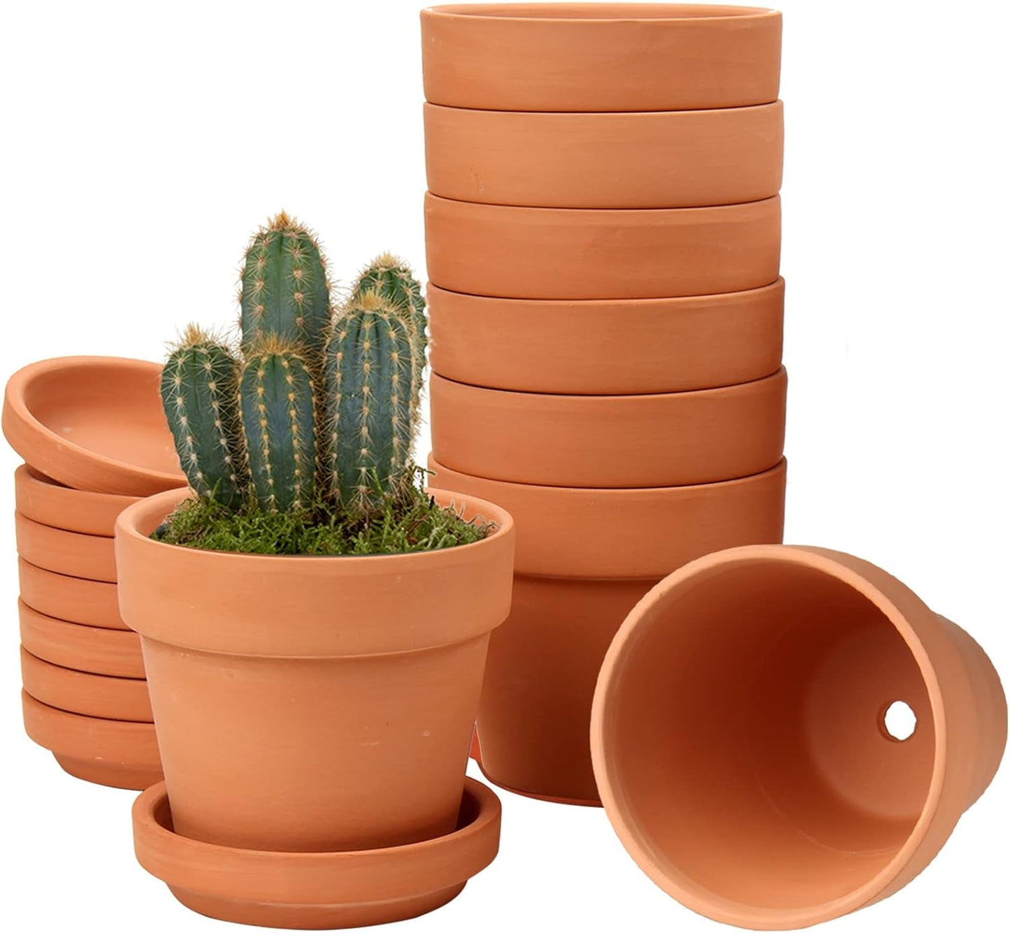 Hollyone 8-delige kleine terracotta plantenbakkenset, 8x8cm ronde kleipotten met plaat en afvoergat, kleine plantenbakken met lade, terracotta succulente potten voor kamerplanten, keramische plantenbakken