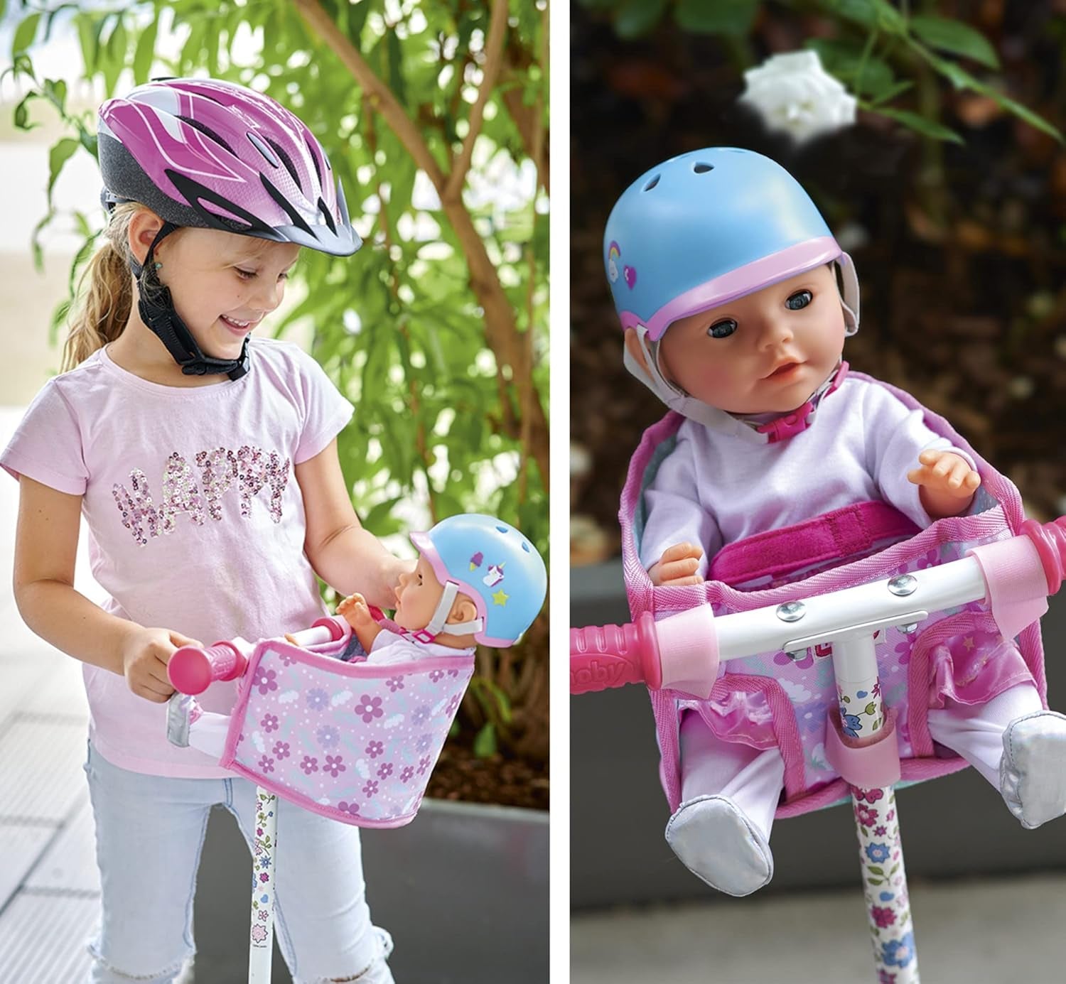 Simba 105560018 - Fietsstoeltje voor pasgeborenen met riem, poppenaccessoire, stoffen zitje, veiligheidsgordel, stuur met klittenband, voor poppen van 30-43 cm, vanaf 3 jaar
